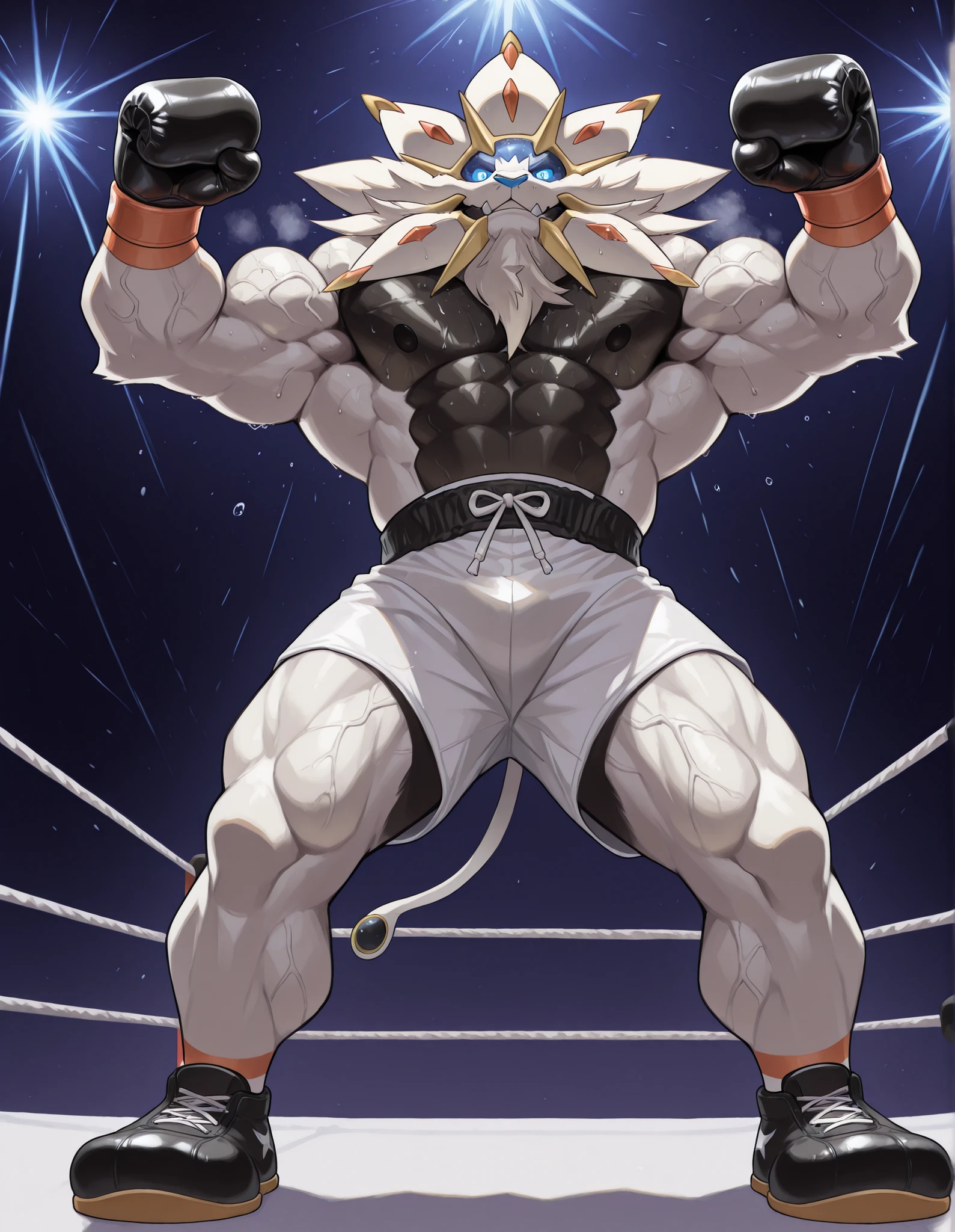 Solgaleo, anthro male, high quality, full body, looking down at viewer, looking up from directly below, solo, boxing ring background, black boxing gloves, thick very veiny arms, rugged muscles with protruding veins, white boxing shorts, black boxing shoes, the greatest boxing champion, glistening fur, sweaty, stern expression, steam, heavy breathing, stern eyes, gear up with fighting spirit, shirtless, straight legs, A manly victory pose with his arms raised high and his chest held high, b0xingp0v