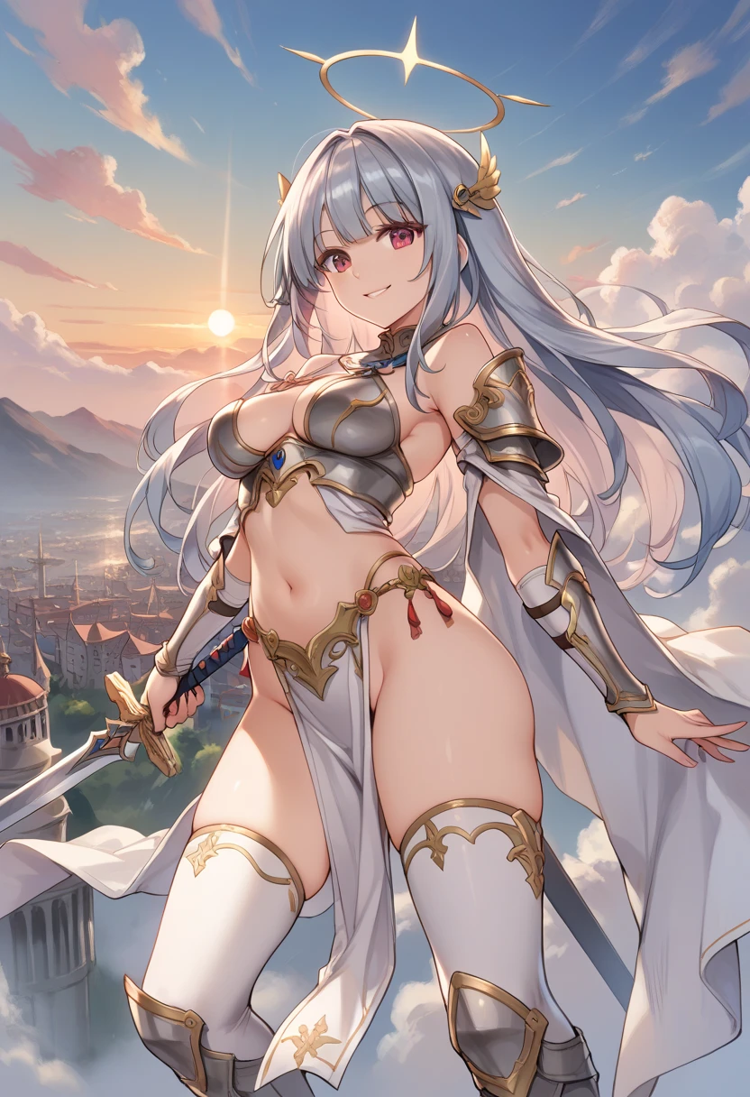 fantasy, 1devil_girl, low_teen, platina_blond_hair,long_bangs,, bare_shoulder, navel out, thighhighs,silver_armor, red_clothes,waist_armor, Glebe, hold_swords, large_breasts, dynamic_flying_pose,Floating,(pelvic_curtain:1.3), silver_Headgear ,looking_down_at_sunrise_city_sky_background,,slightly_spread_legs, some_swords,some_swords_floating_around_the_girl,solo,horn ,smile,,open_legs,open_arms,rise_knee,rise_leg,rise_thigh,rise_leg,forward_leaning_posture,apart_legs,fang,Shiny_gold_eyes,crotch