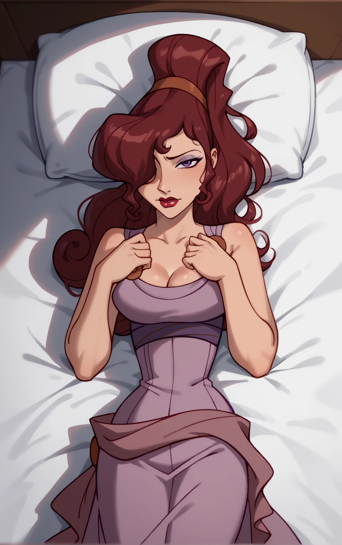 hembra, Humano, brown skin, brown eyes, long wavy brown hair, musculosa (muscular:1.6), pecho enorme, caderas grandes, cintura con curvas, red lipstik, Sombra de ojos rosa, pink nails, pink nails, flor en el cabello, Light pink lace nightgown dress, bragas de encaje, liguero, medias de encaje rosa claro, Paisaje del dormitorio, cama de rosas rosadas, almohadas blancas, lamplight, cortina, rose petals