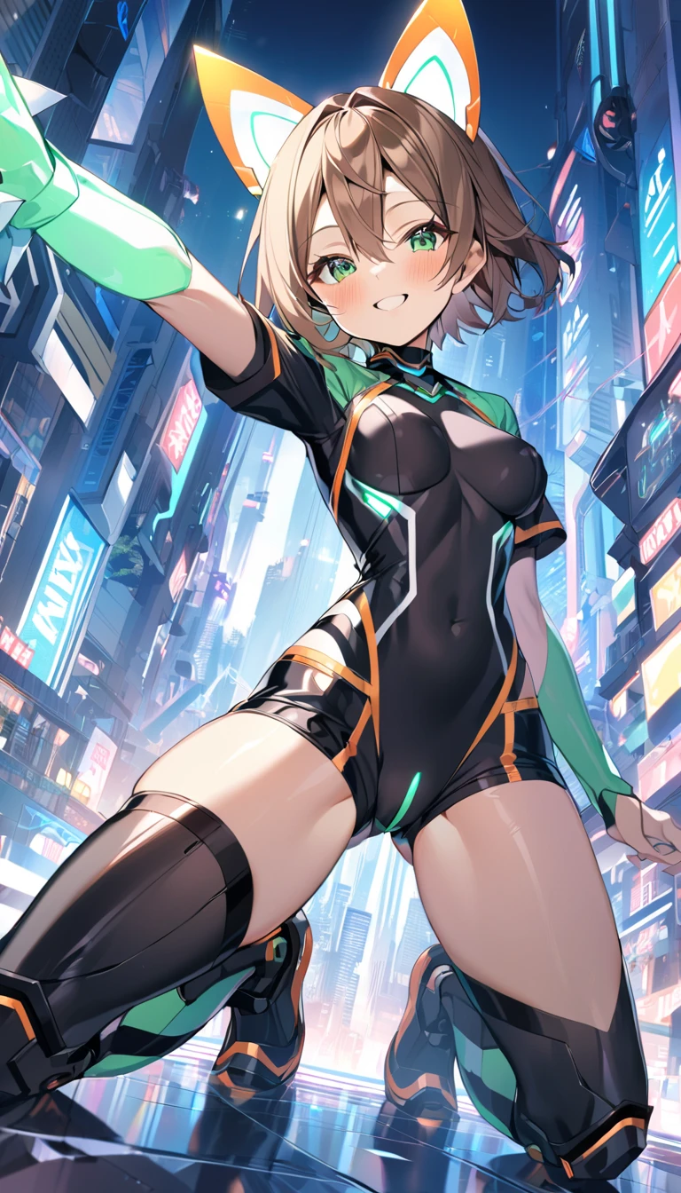 aile_megamanzx, kneeling with one hand on the ground and the other arm raised, 1girl, solo, short hair, brown hair, short sleeves, (bodysuit), robot ears, green eyes, (very_short_shorts:1.3), short sleeves, short over long sleeves, smile, in futuristic city, , high quality, medium_breasts,crotch, slouch,groin,dynamic_angle