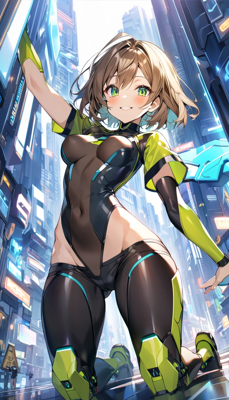 aile_megamanzx, kneeling with one hand on the ground and the other arm raised, 1girl, solo, short hair, brown hair, short sleeves, (bodysuit), robot ears, green eyes, (very_short_shorts:1.3), short sleeves, short over long sleeves, smile, in futuristic city, , high quality, medium_breasts,crotch, slouch,groin,dynamic_angle