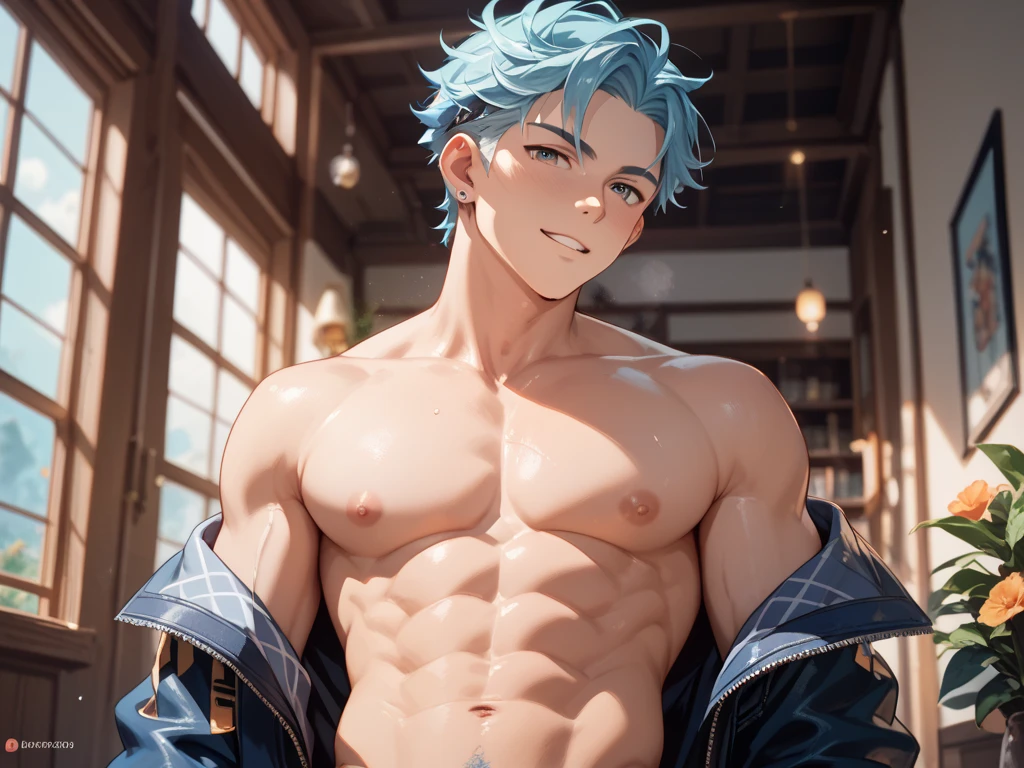 anime - style image of a man with a blue hair and a blue collar, fluffy chest, bare chest, furry chest, open v chest clothes, tall anime guy with blue eyes, full character body, jacket over bare torso, chest, extra detailed body, full body!!, highly detailed full body, neck visible, detailed upper body, full_body!!