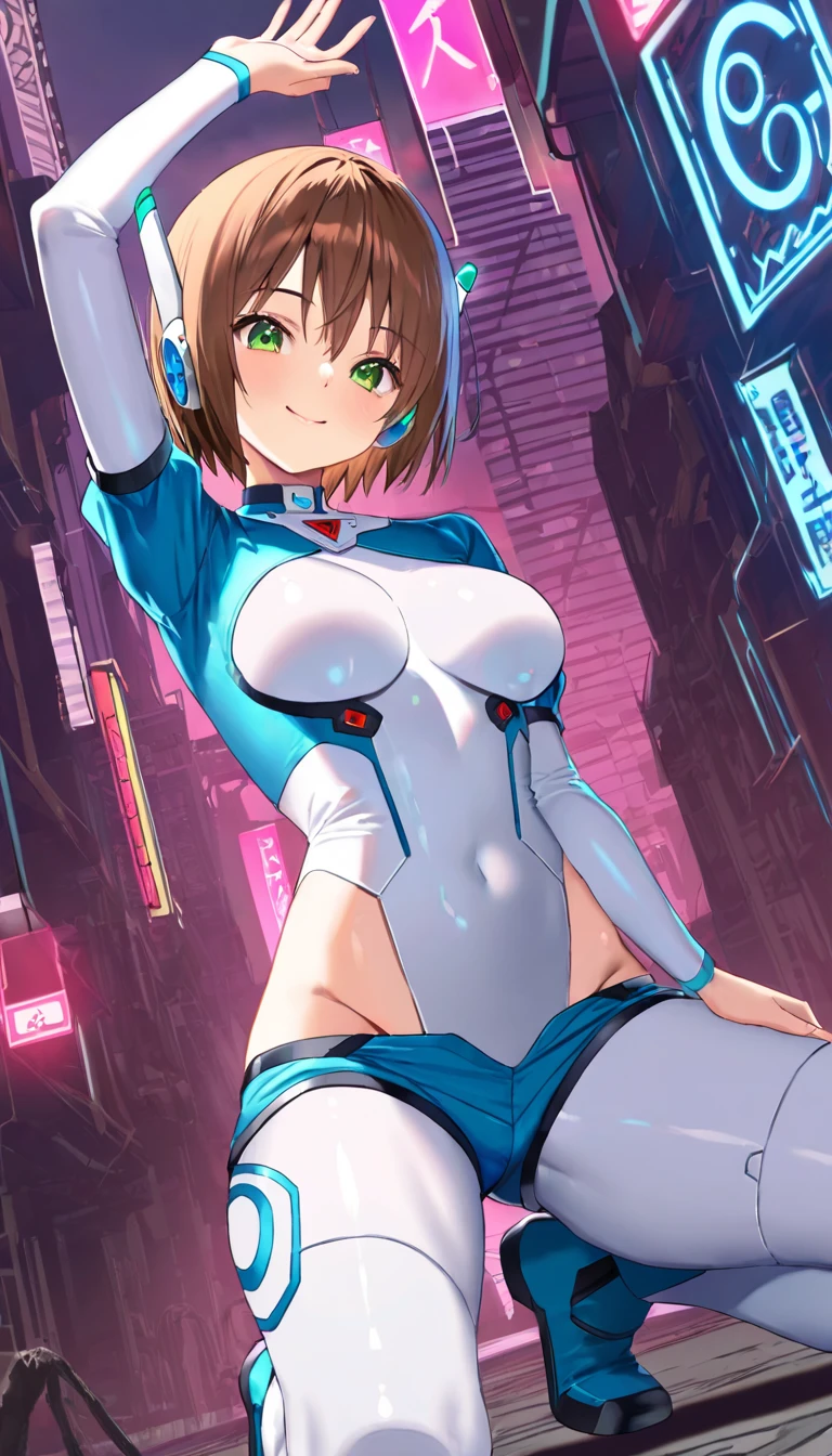 ((Sexy and cute futuristic costume)), skirt, (skindentation), skinny, solo, (1 sexy woman), Masterpiece, highest quality, highest quality, 16K, incredibly absurd, highly detailed, 2.5D, ai-generated, delicate and dynamic, very delicate facial expressions, delicate eye depiction, erotic, only sexy woman, ((A cute and kind face)), healthy figure, ((25-year-old woman)), 160cm tall, medium firm swaying bust, blush, Sweat,Embarrassed,sexy, ((thin thighs)), ((shiny and lustrous)), facing straight at viewer, smile, Future City, daytime, bright, dutch angle, sexy, Shiny costumes,, (camel toe:0.5), (visible nipples:0.8), sexy pose,