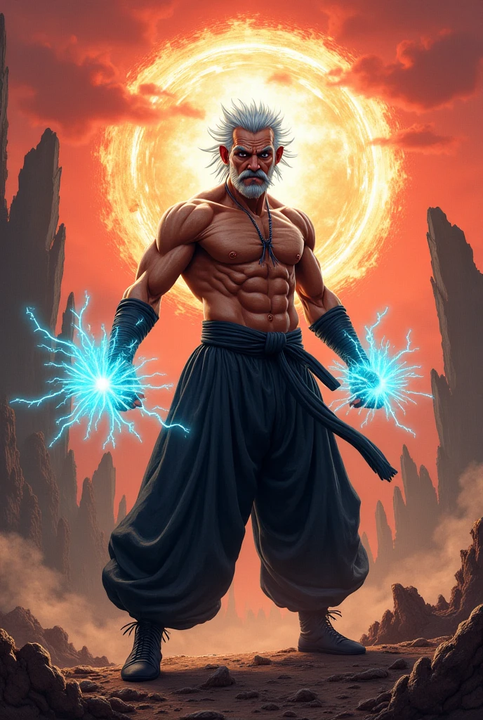body white skin, 80 kg muscular body, and white gojo satoru hair, blue eyes, white T-shirt ,black leg karate suit ,shoot red lightning storm sphere from right hand,blue light sphere from left hand anime style