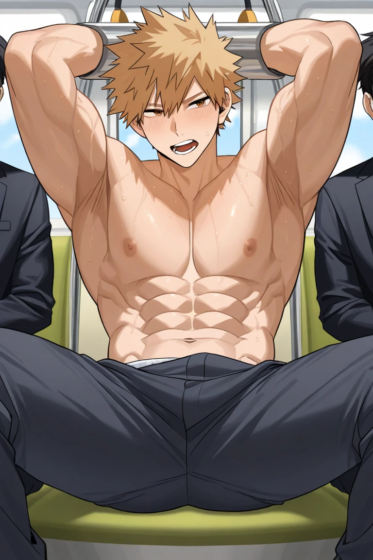 (masterpiece, best quality:1.2), <lora:csm_denji-10:1>, solo, male focus, 1boy, denji, ahegao, looking at viewer, blonde hair, brown eyes, topless male, abs, male underwear aside, pectorals, muscular male, bara, lifted by self, muscular, teeth, bare pectorals, (blonde male pubic hair), (armpit hair:1.2), (by suyohara1.5), , <lora:PantsTug v1:1> side view,