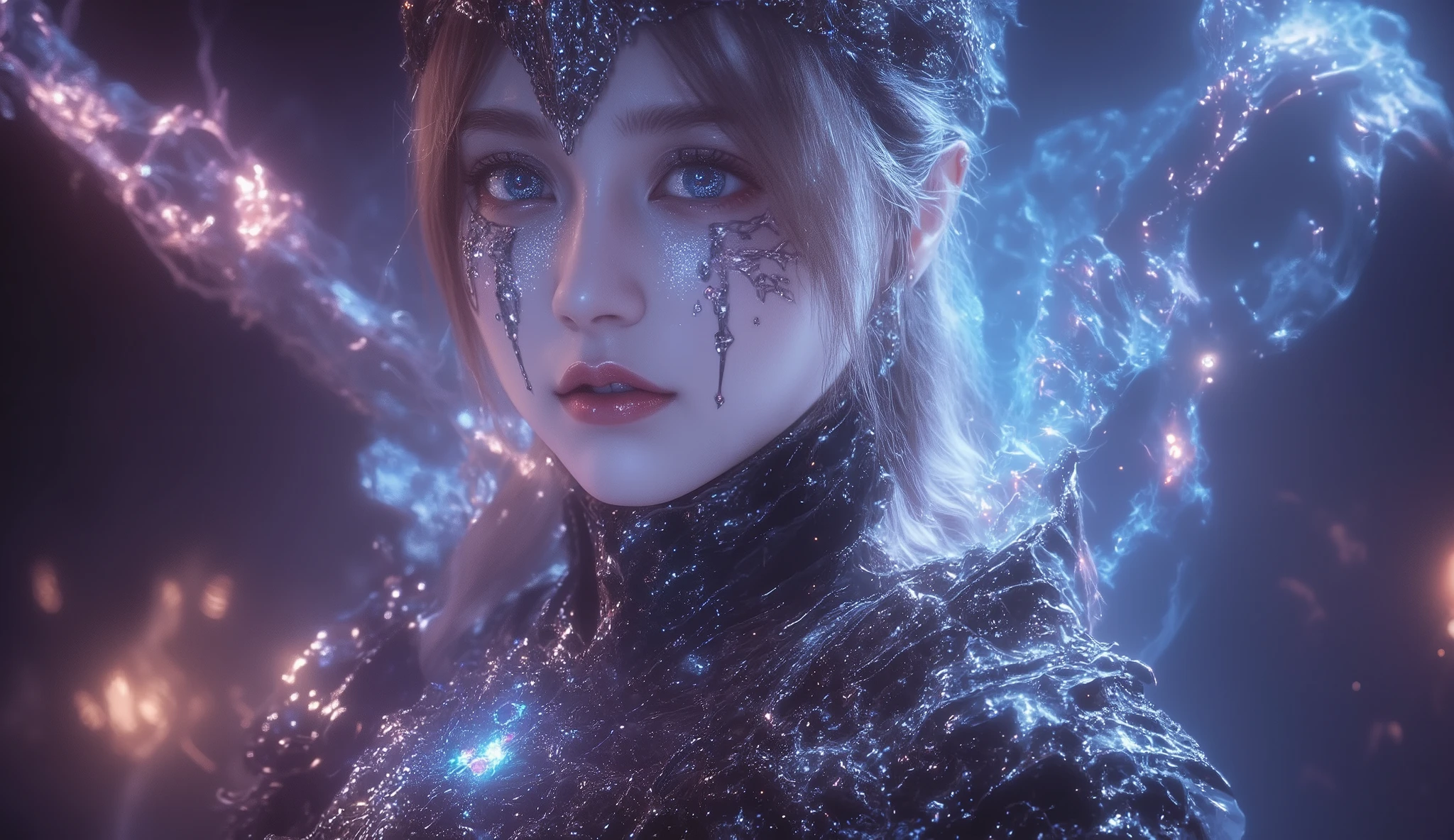 portrait photo, full body image in underwear, beautiful Digital Artwork, beautiful Digital Art, Detailed Beautiful Face, 10k High Quality Detailed Art, very beautiful Digital Art, Digital Art. very detailed,  beautiful detailed body ,  を溶接するモデルのvery detailedな写真を作成してください。GREY ONLY {x} You can draw a curved drop dead gorgeous fantasy death night chain armor with a death tattoo in perfect symmetry。, amazingly perfect and gorgeous feminine face, Realistic makeup, Detailed Brilliant Neon Sapphire Eyes, Long Flowing Hair,  gentle facial curves ,  plump cheekbones , Small eyes 、away, Unobtrusive jawline, Perfect Symmetry Ratio,  beautiful digital art , Long and beautiful tattooed legs,  beautiful tattoo arms , figure with perfect feminine curves, perfect, silky skin texture, Perfectly ample and round breasts, Perfect heart shaped butt, Beautiful Long Tattooed Legs, full body, The whole picture, full bodyポーズ, Sexy Death Night Chain Jewelry, The colors illuminated by gentle light that enhances the dreamy atmosphere. Shining Blade Wielding a Legendary Authentic Sword,