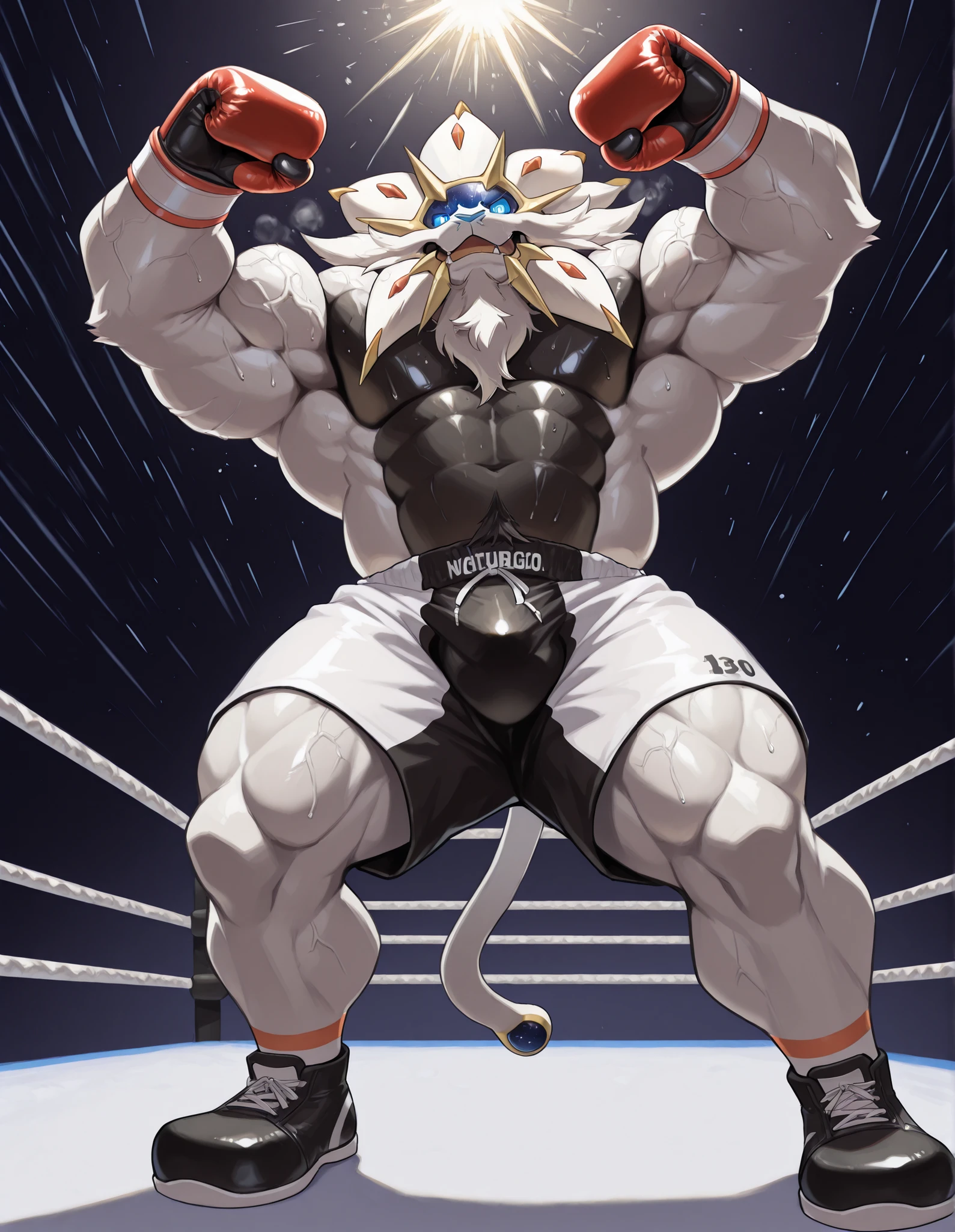 Solgaleo, anthro male, high quality, full body, looking down at viewer, looking up from directly below, solo, boxing ring background, red boxing gloves, thick very veiny arms, rugged muscles with protruding veins, white boxing shorts, black boxing shoes, the greatest boxing champion, glistening fur, sweaty, stern expression, steam, heavy breathing, stern eyes, gear up with fighting spirit, shirtless, straight legs, A manly victory pose with his arms raised high and his chest held high, b0xingp0v