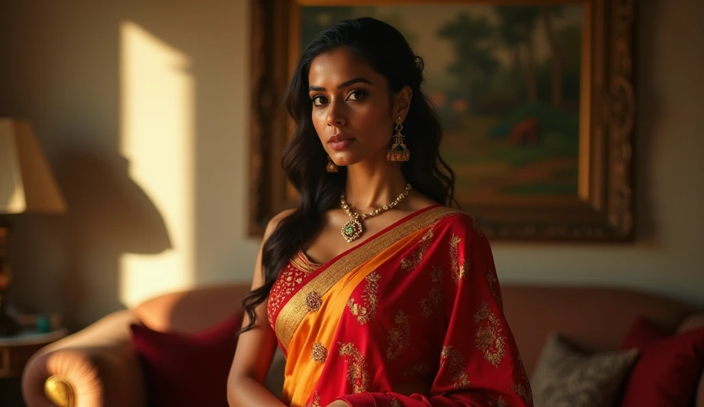 A professional beautician expertly drapes a luxurious silk saree around a poised woman in an elegant, contemporary Indian salon. The saree features rich colors and intricate gold embroidery, with the salon's ambient lighting casting a warm glow on the scene. The background showcases modern decor with subtle traditional Indian motifs, reflecting a fusion of heritage and modernity. The woman's posture is graceful, and her expression confident, highlighting the sophistication of the saree draping experience.