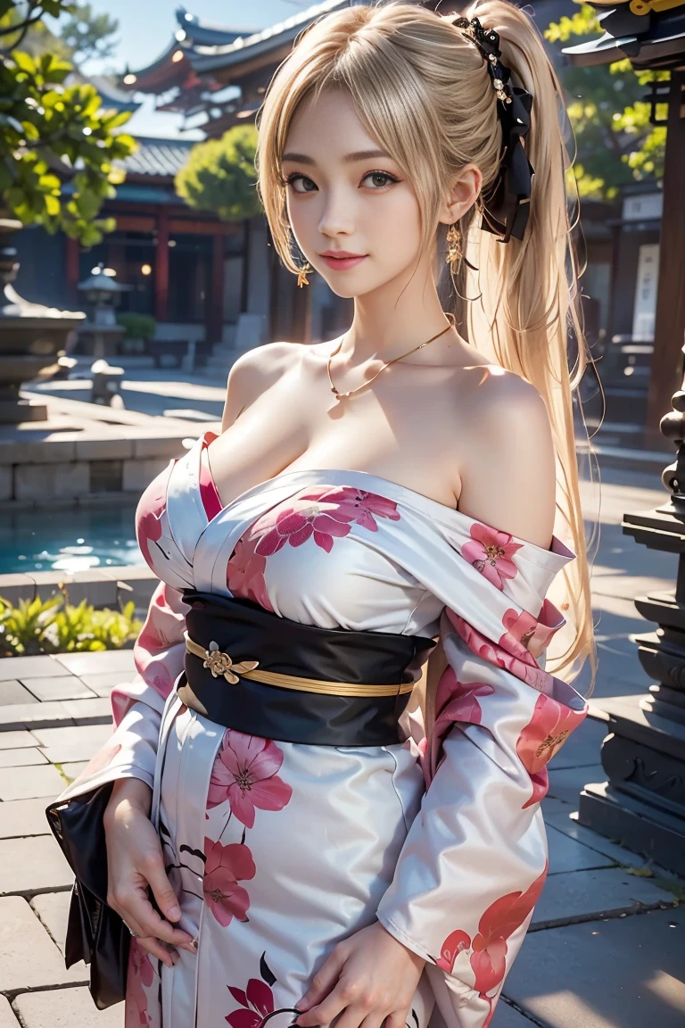 1girl, tsunade in anime naruto, long hair, yellow hair, yellow eyes, smile, beautiful, sexy dress, sexy clothes, grey clothes, very big breast, realistic clothes, detail clothes, outdoor background, ultra detail, real