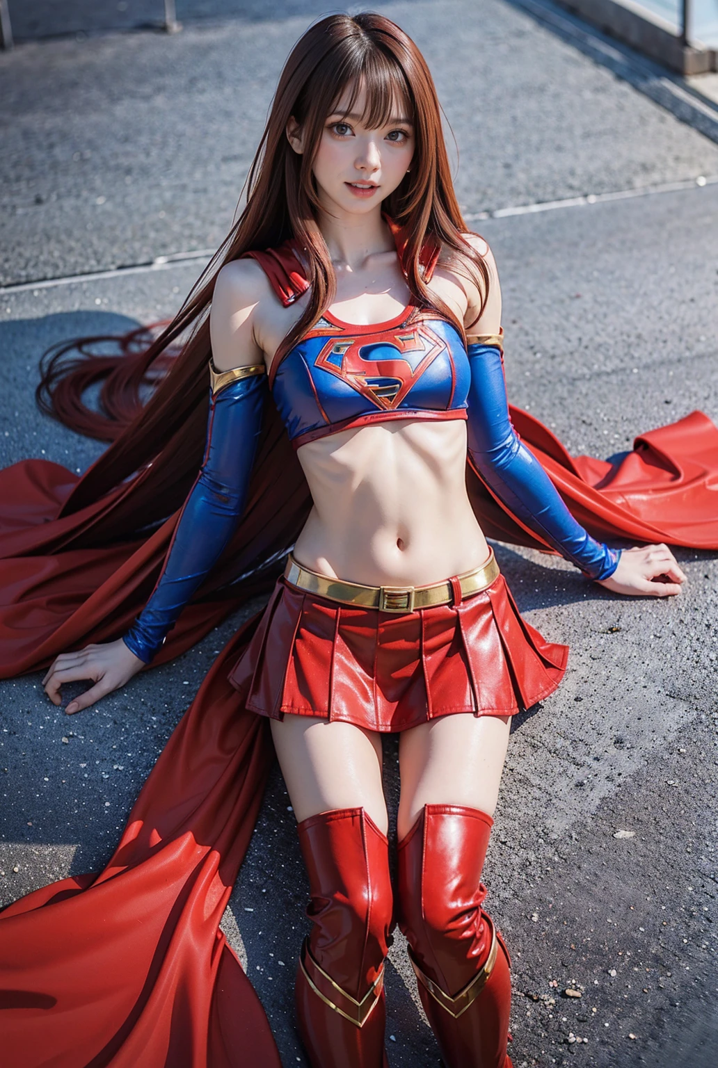 1 Red-haired woman 18, teacher, sitting with her legs open, in red panties hands on head, shirt above belly, short skirt