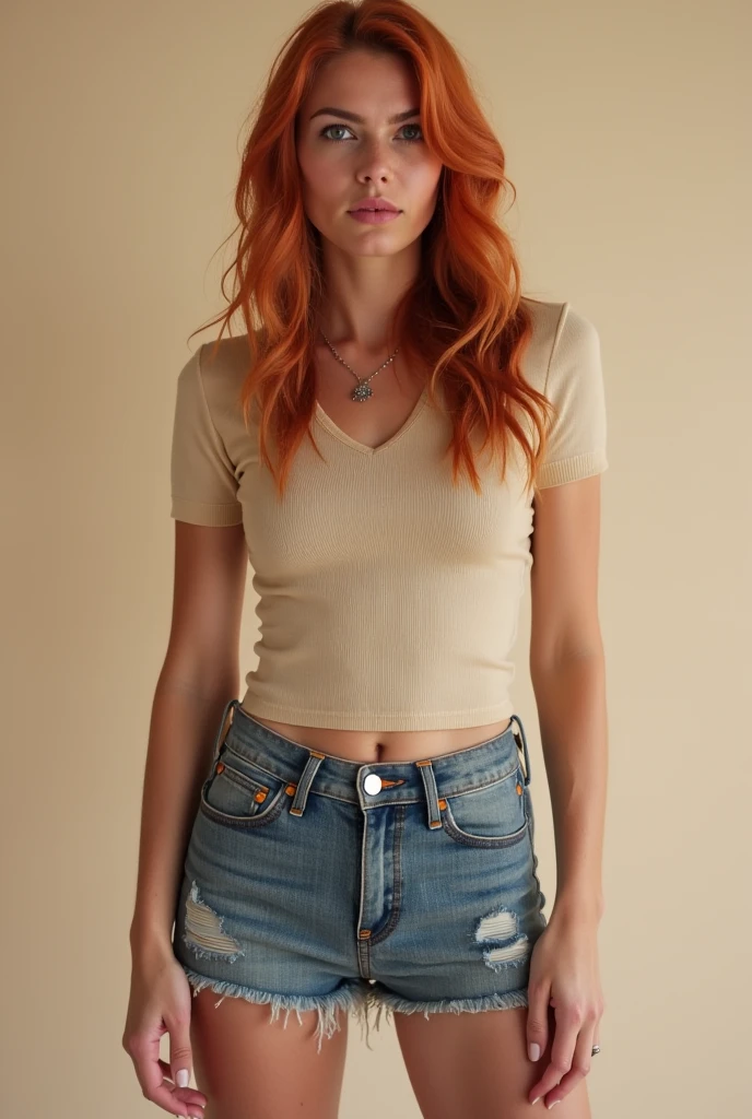 25-year-old woman with European facial features, (((ginger shoulder-length hair))), bangs, makeup, earrings and jewelry, eyelashes, (((Checkered shirt))), large breasts, jeans, sitting on the sofa, looking at the viewer , darkened room