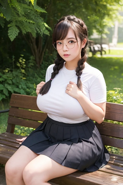 Beautiful filipina, ((in the dim place, in the deep forest, near the river, mountains, dark hour of down)), (((round face))), (blush, open mouth), (eccentric pose, showing off her light pubic hair and genitals, large areolas, swollen nipples, glossy lips), stylish eye glasses, (young woman, ribbon, thick braid, pleated skirt, summer shirt, school bag), lifting her skirt, showing vagina