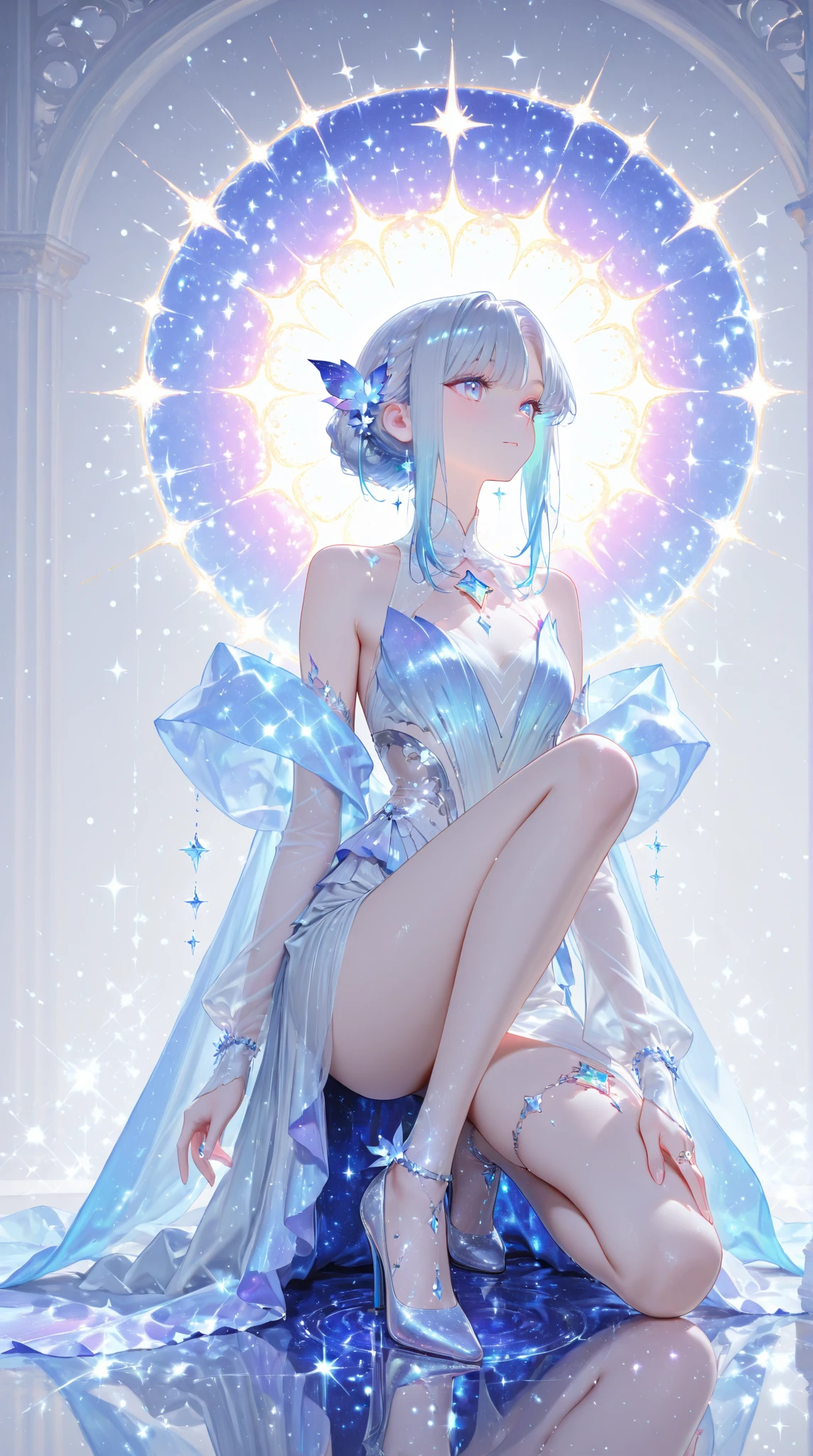 crystal covered, (Full body :1.3), alternate color, masterpiece, detailed illustration, realistic, pixiv top quality, exquisite, {{{kawaii 1girl}}}, ultra beauties who fuse with machines, glitter beautiful female, Half of my body is made of machines, cinematic lighting, dynamic angle, dynamic pose, crystal world, depth of field,Shiny socks,Crystal stockings,Crystal high heels