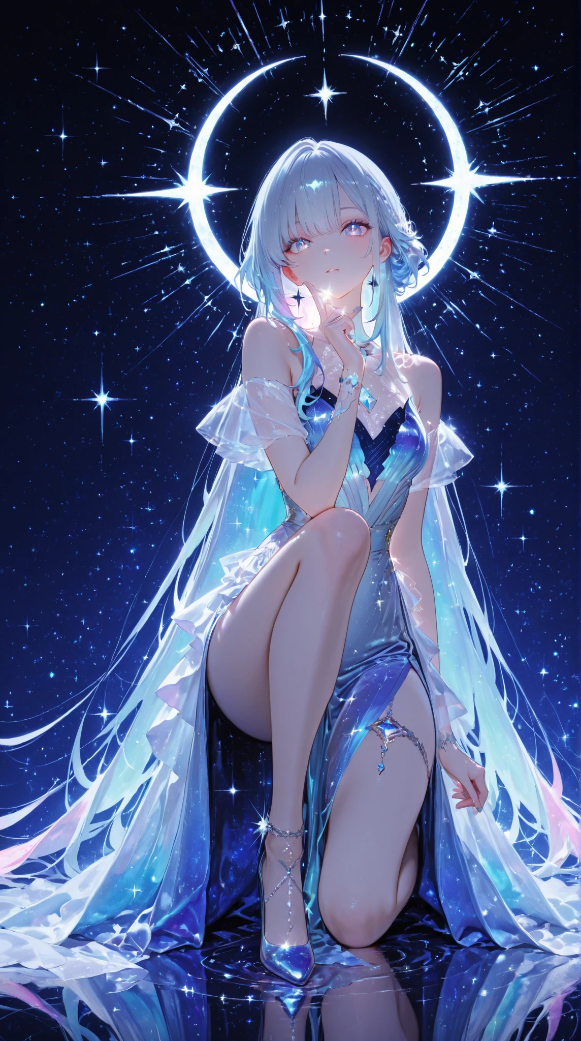Best Quality, Single Girl, Warm Lighting, White Underwear, Colorful Hair, Cute, Anime, Sheer White Skin, Asian Girl, Full Body, Sensual, Gentle Eyes, Cat Ears, Animation, Provocative Pose, Fantasy, Seductive, Embarrassing, 14 Years Old, Frightened, Camisole, Hair Color Is Light Blue, Collar, Tail