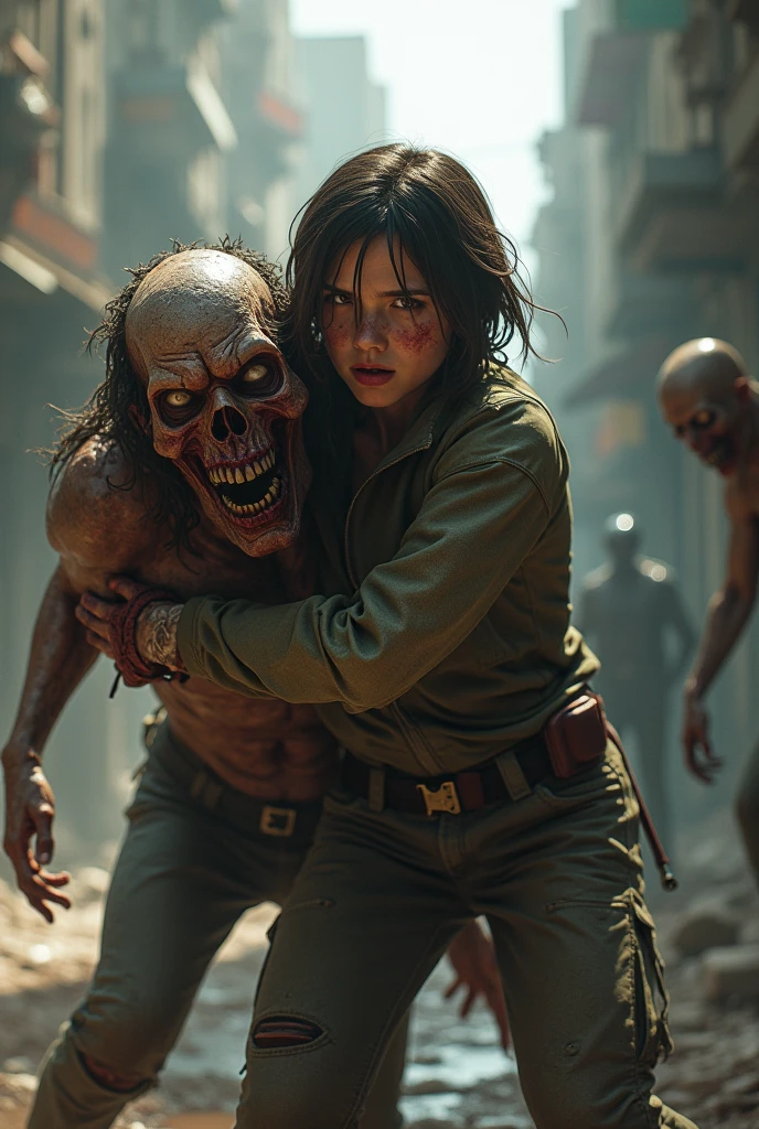 Malnourished lost in post-apocalyptic city surrounded by human skulls