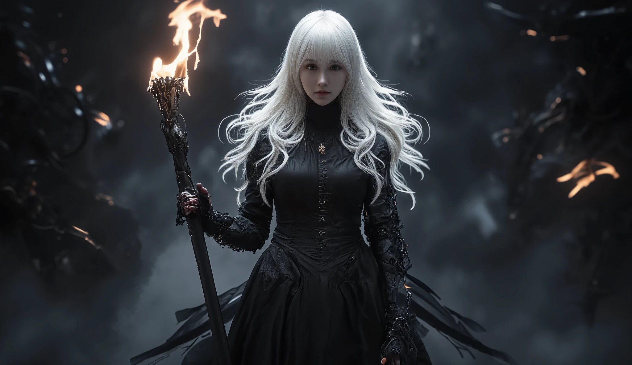 explore the dark fantasy anime setting in enigmatic detail , The female character in the center is、Pale Skin 、 、Long flowing hair、It features wearing a sophisticated gothic style black dress。 Let's take a look at her holding a flaming cane at the top ,Let's explore the dark fantasy anime setting 。