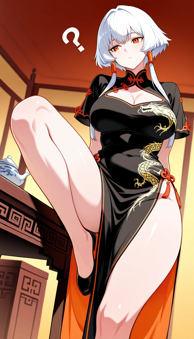 Two-dimensional, white-haired mature woman, long hair, double ponytail, tall figure, big chest, cheongsam, black silk, high heels, thin waist, long legs, thin legs, bare shoulders, bare legs, bare chest, super clear, a lot of details, kneeling, red face, soaked, sweaty