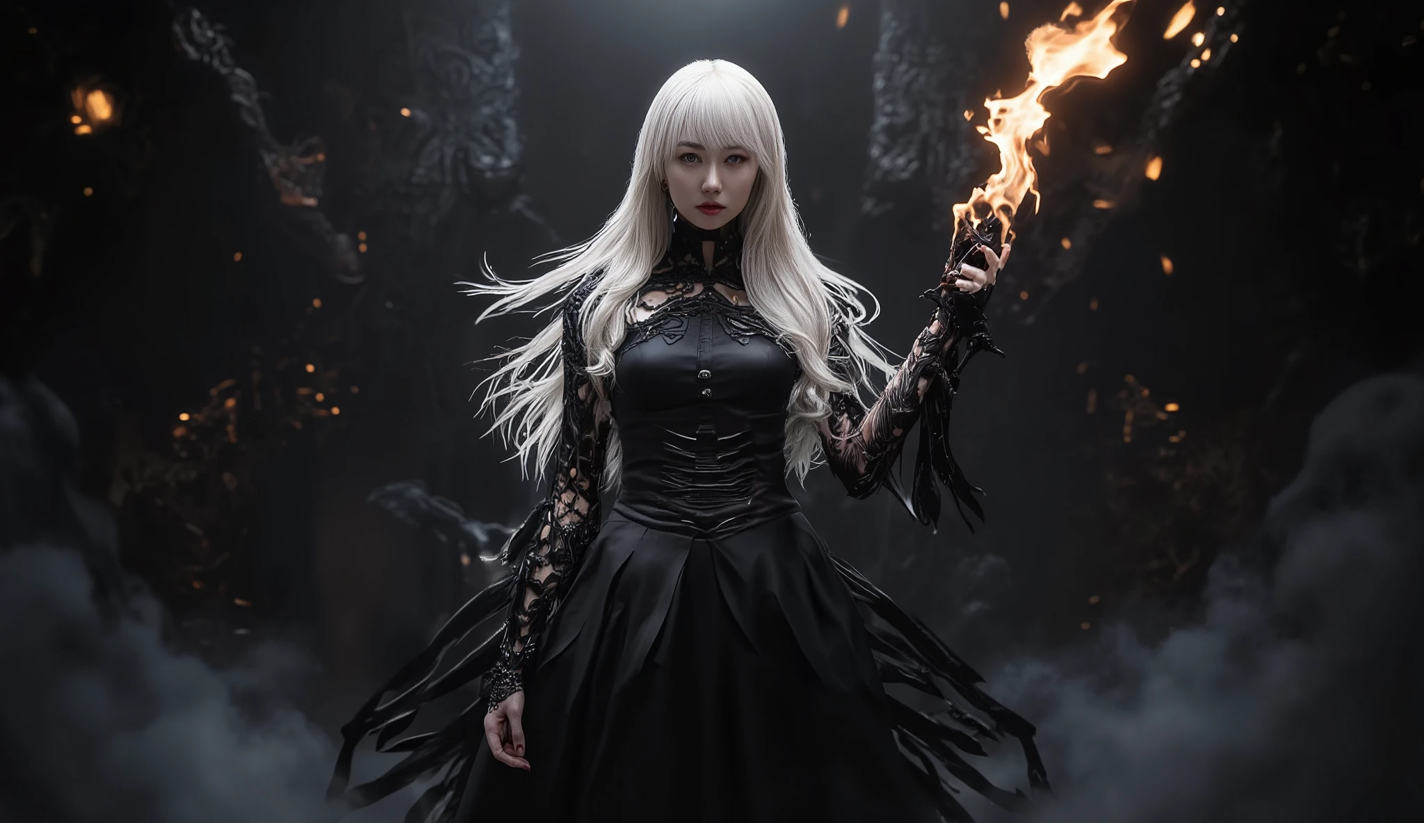 explore the dark fantasy anime setting in enigmatic detail , The female character in the center is、Pale Skin 、 、Long flowing hair、It features wearing a sophisticated gothic style black dress。 Let's take a look at her holding a flaming cane at the top ,Let's explore the dark fantasy anime setting 。