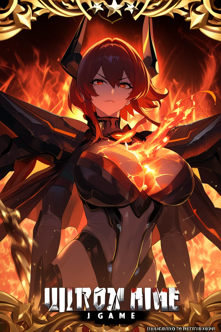 (NOD、nihilister、Mechanical parts, mechanical arms, mechanical legs, machinery, dragon tail, pelvis curtain, leotard, Red hair)、(five fingers)、(well-proportion)、(huge breasts:1.5)、(Straight Hair:1.5),(big eyes:1.6),、(cowboy shot)、Drunk,(tilt one's head:1.3),(doe-eyed:1.1)、(Smug:1.5)、(open mouth:1.5)、(Glare:1.5)、((blush)),((,looking at viewer:1.2)),,((Small face)),,(red eyes:1.5),((Smug:1.5)),((contrasted:1.5)),(dynamic pose:1.5),((Anime painting))、、、、((best quality, masterpiece,,Highest quality:1.5、High resolution,8k,ultra-detailed face,アニメ,ultra-detailed hands,ultra-detailed fingers,ultra-detailed eyes, ,ultra-detailed hair, shiny skin, Silky Pale White, ultra detailed and beautiful, Model Pose)),((The official look))、、、、(Flame dragon)、(in color and uses the flames,)、Closeup of fire on black background and black background, flame fractal, highly detailed generative art, Flame texture, Intricate images of overlapping flames, background of hell, abstract paintings. 8k, fractal fire background, Spinning flames in the background, Paint spills smoke, swirling fire, digital art 4k unsettling, a little smoke and fire, houdini algorithm generative art，Fluids, White Bauhinia flowers, white orchid, white bauhinia variegata、、、、、、、、