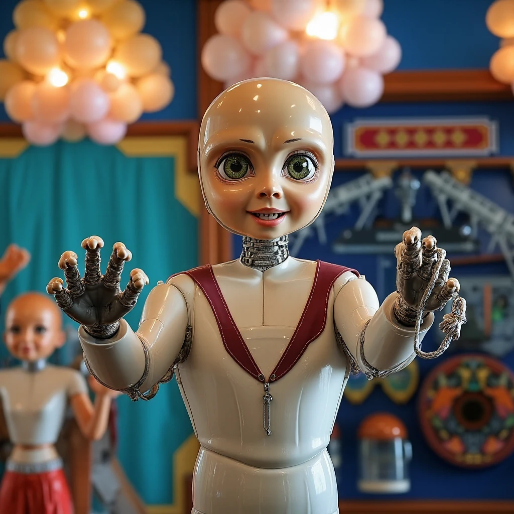An alien, with albino and realistic skin, large head, short and thin neck, very large eyes and all black, which reflects the local lighting, a nose similar to that of humans but small, a mouth similar to that of humans but small, the body is thin and thin, the alien wears a white sleeve shirt with a letter made of small silver that appears to the right represented within a triangle of the same size, the clothing is inspired by the clothes used for surfing, the color to be used is red, pink chock and blue, as well as details of the environment, and manufactured with neoprene fabric, it is possible to notice a silver necklace hanging from his neck, with a pinjente in the triangular shape with an eye that sees everything in the center as a symbol. the alien is in a recording studio whose scenery is minimalist and features a gray background in gradient hue to circular white, the camera captures the image from the waist up, the alien presents friendly and light expressions, the alien interact with the camera always with a slight smile of satisfaction and tranquility, The skin used and all the elements are of extreme realism, especially the skins, the lighting is an illumination inspired by the 80s.