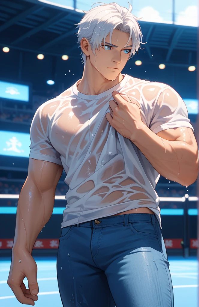 (Highest quality),masterpiece,8k wallpaper quality, Cinematic,effort,1 boy,White tank top, Huge muscles ,Raise your hand,Underarm, sweating