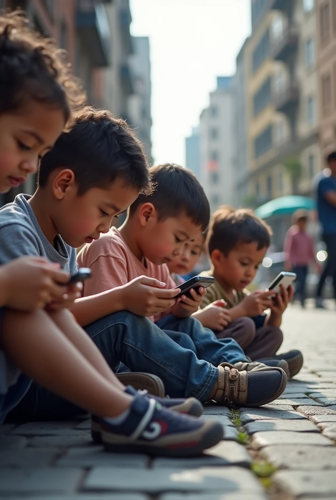 Group of kids in this generation addict to ipads make them siting in the street