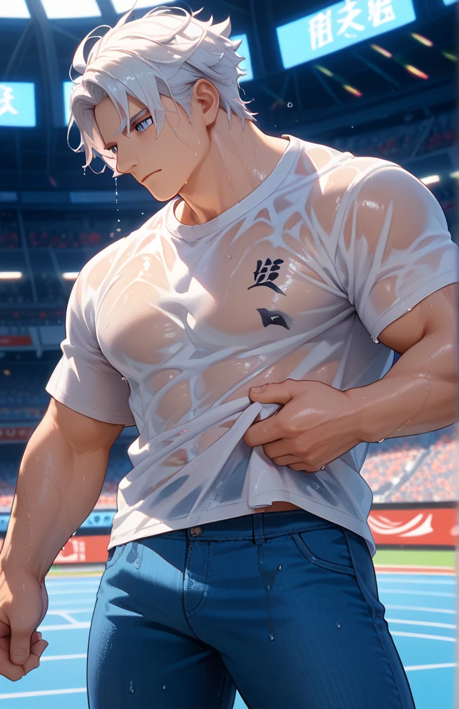 1 male, handsome Japanese male model, high resolution 4k, adult, perfect face, detailed eyes and face, muscular, white eyebrow hair, white eyelashes, Naked torso, Detailed face, perfect face, real skin texture, detail Perfect hand, details, Real and complete hand details, unreal engine, hd picture, satoru gojo, Jujutsu kaisen, white hair, short hair ,hair between eyes ,blue eyes, white skin, hold the ball