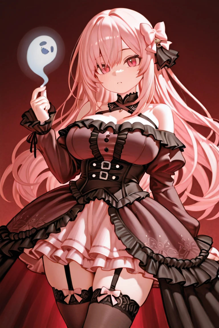 pink curly hair, with greenish yellow eyes, pale skin, big eyelashes, glare eyes, lip gloss, and more gothic cute clothes