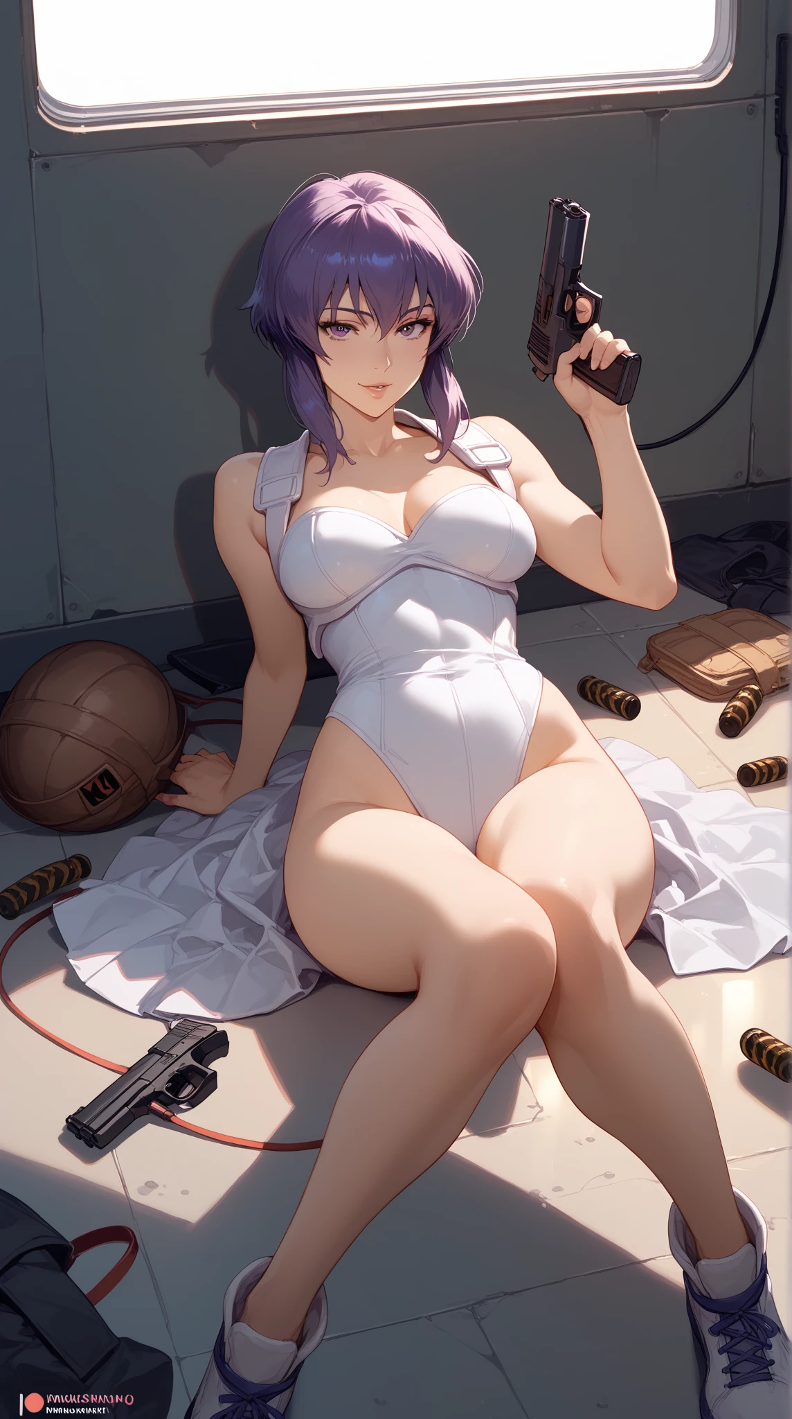 White blouses、Purple hair color、poneyTail、pistols((Desert Eagle))holding it in your hand((Shooting Pose))facing the front there、winking、big breast beauty
