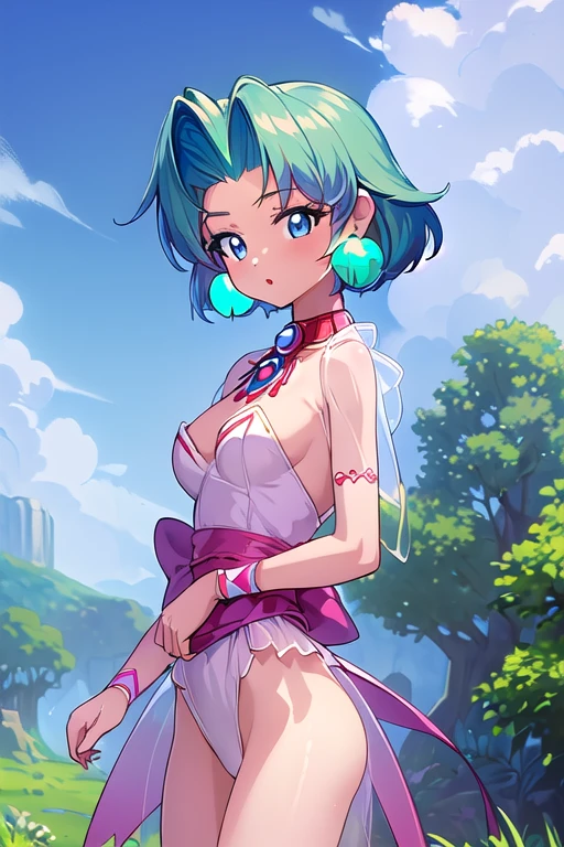 (by pixelsketcher:0.6), (by personalami :0.6),(hi res), ((masterpiece)),((best quality)),by suurin,(finely detailed face:1.4), round face, cute, fluffy fur, ((holographic crop top, holographic mini dress)), ((furry)) (hi res), ((masterpiece)), ((best quality)), ((art by kishibe)), thick thighs,(rabbit,bunny),(((Black sclera1.5, red eyes))), cute, ((flat chest)),(Pink skin, pink fur),short stack, girly female, ((small body,very young,loli)), outdoors,((short hair,green hair))