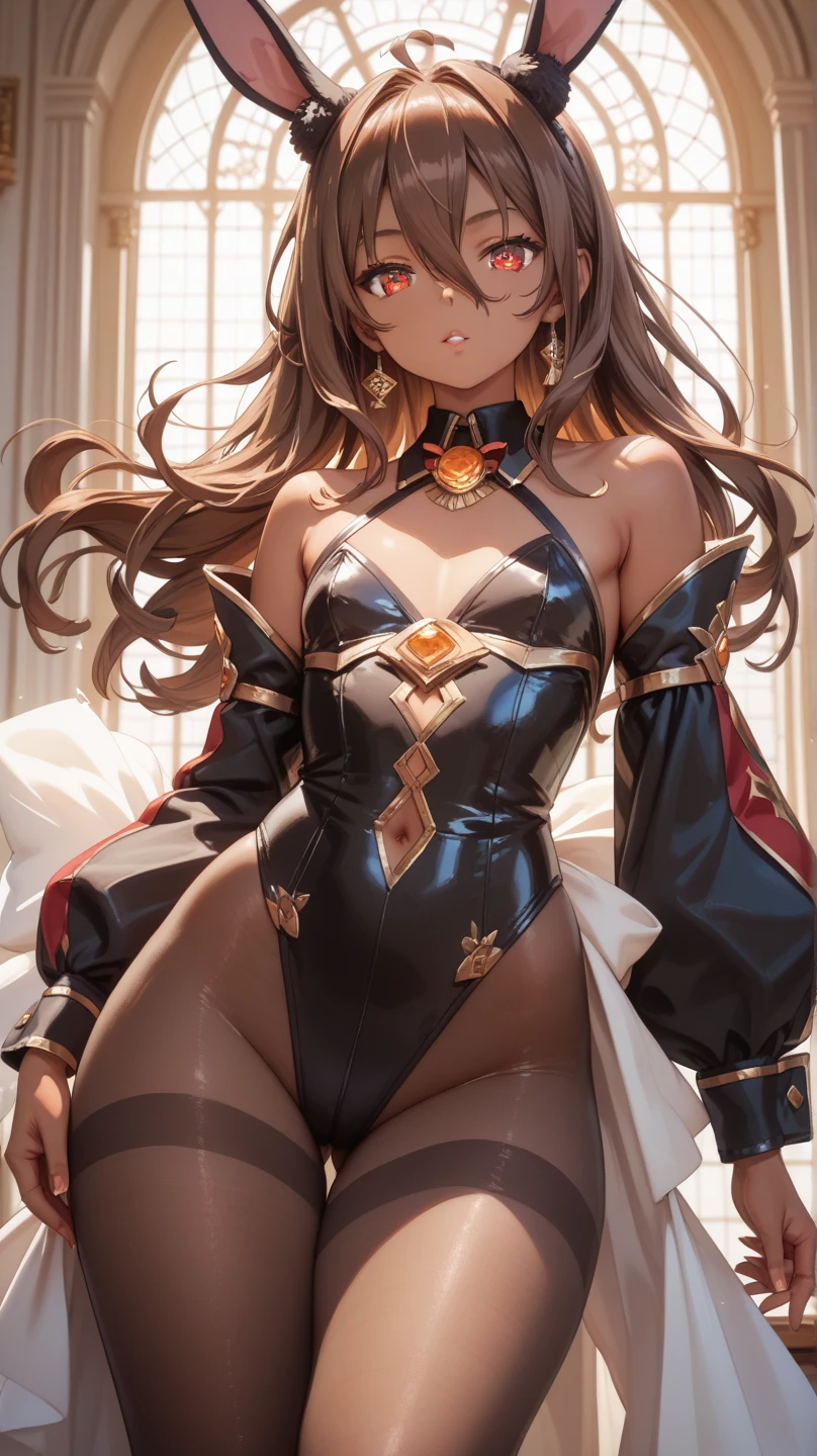 1girl, tingyun, honkai star rail, green eyes, bare shoulders, jewerly, ponytail, medium hair, brown hair, dress, large breasts, detached sleeves, standing, smile, tail, kneeling, separated legs, slightly visible panty, tilted head