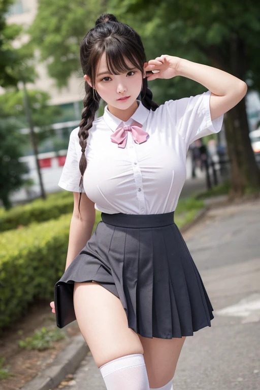 (masterpiece:1.3, Highest quality, Ultra-high resolution, Super detailed), (Realistic, photoRealistic:1.4), Perfect lighting, Natural light, colorful, Depth of written boundary, Browsing Caution, Surrealism, Front view,Beautiful detailed hair, Beautifully detailed face, Beautiful fine details, Beautiful valley,Beautiful clavicle, Beautiful body, thin脚,Beautiful feet, Beautiful breasts,Beautiful Hands, thin, ((1 girl)), Nipple hardening ,Perfect Face, Long eyelashes,Perfect Anatomy, Supermodel with a long neck,((Skinny1.2)),((Jump:1.4)), ((from side:1.2)), looking at the camera,(Perfect Anatomy,Highly detailed skin), Shiny skin,((beautiful girl:1.1)),(( large breasts:1.3)), ((Cute smile:1.3)),(Mid-length hair:1.4, Wavy Hair:1.2, Black Hair) ,hair over one eye, Dainty facial structure,photo shoot, Sharp focus, Face Light,((school uniform, red skirt in plaid skirt)),((school uniform, short sleeve shirt:1.2)), ((school uniform, tie)), Red hair ribbon, morning,Tokyo, filled with people crossing the streets. Tall buildings with colorful billboards and advertisements surround the intersection. Bright and lively atmosphere, clear skies, and a sense of movement and energy in the scene,wide angle