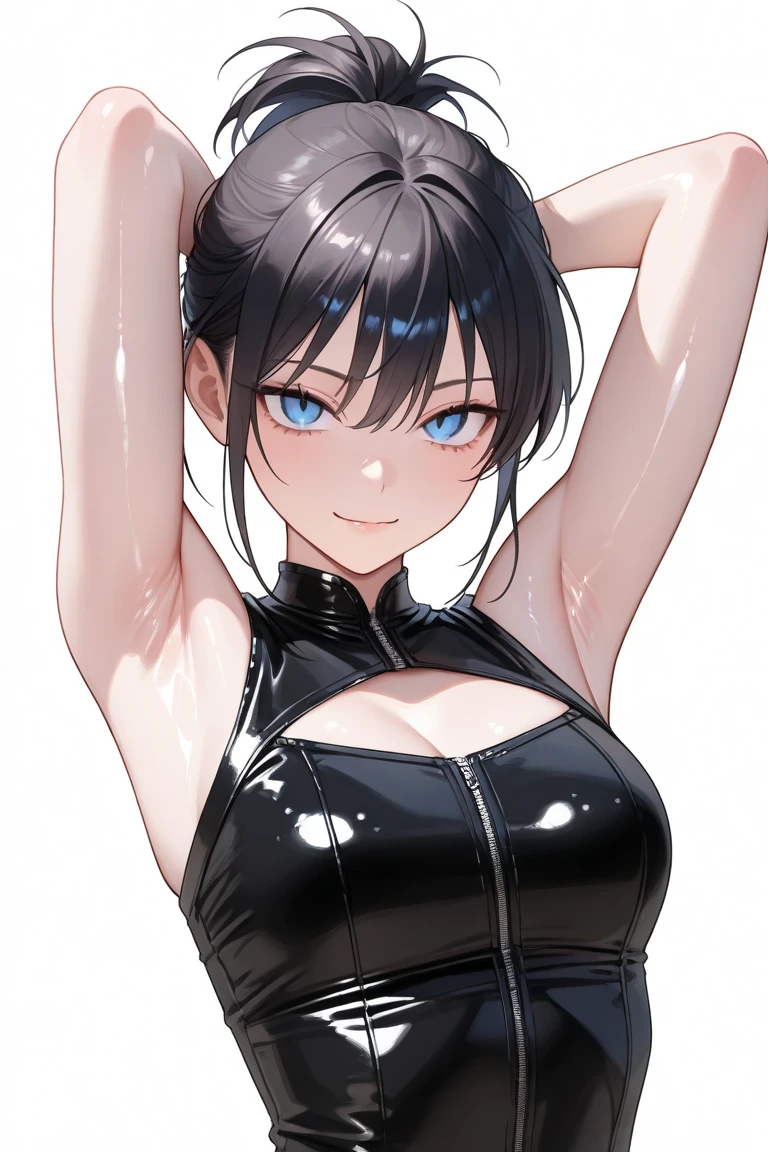 Girl。Short Hair。The eyes are head。Black Hair。Flat Chest。A pose that emphasizes the armpits。A little erotic。Sticking out the tongue。