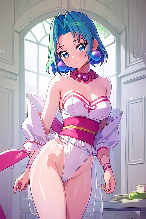(masterpiece:1.1), best quality, NSFW,
1girl, (80s anime style:1.3), (eyelashes:1.5), (loli:1.2),
(intricate high detailed body:1.2),
aqua hair, (forehead exposed, hair slicked back:1.2), (twintails, wavy hair:1.1),
green eyes, (red lip stick:1.3),
slender body, huge breasts,
(naughty face:1.2),
neckwear, (white lace leotard with sleeves),
see-through clothes, jewelry,
cowboy shot,
in royal palace,