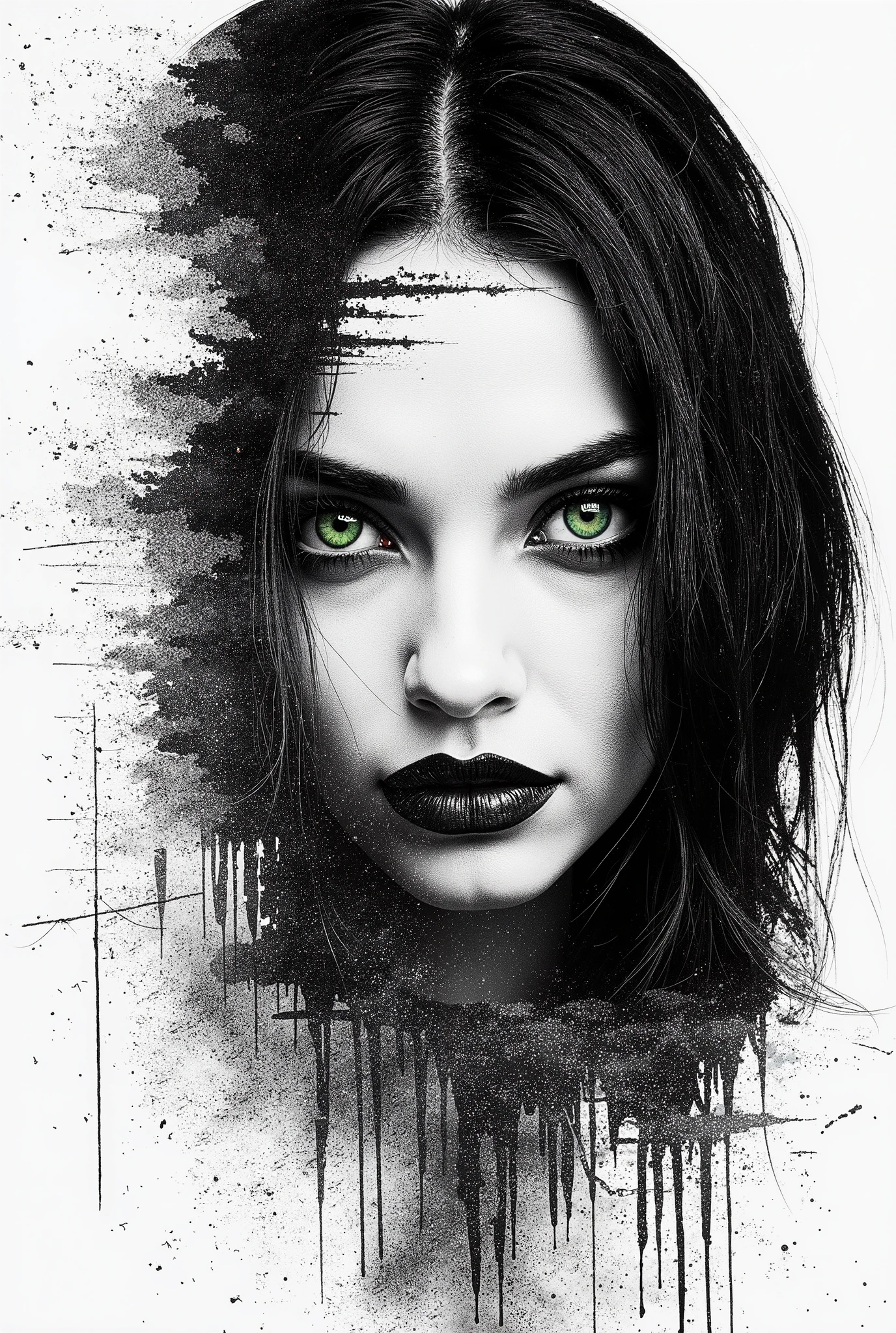 A 4K UHD painting with a minimalistic background , modern view and abstract background with a close-up of a powerful and enigmatic female composition in the style of minimalism, with a super-realistic artistic creation in black ink on a white background. The quality of fine lines and brush strokes show the most complex transitions. The light is distributed throughout the composition, to particularly highlight the focus. The composition itself enchants a lady with big green eyes in grunge style. The image is of the highest quality and has a resolution of 8k. The artwork is by an elder Chinese sage man. has full lips and a concentrated expression, which conveys strength and determination. The background contains elements of punk zentangle graffiti and a handwritten note.