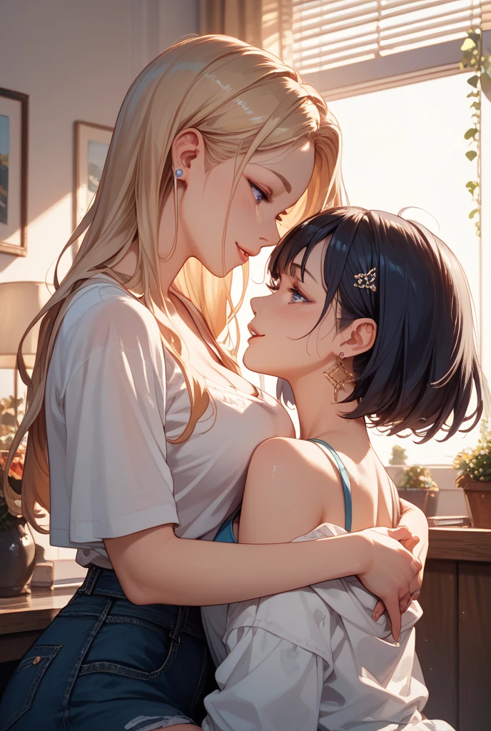 (milf and boy kissing on the lips), living room, detailed background
