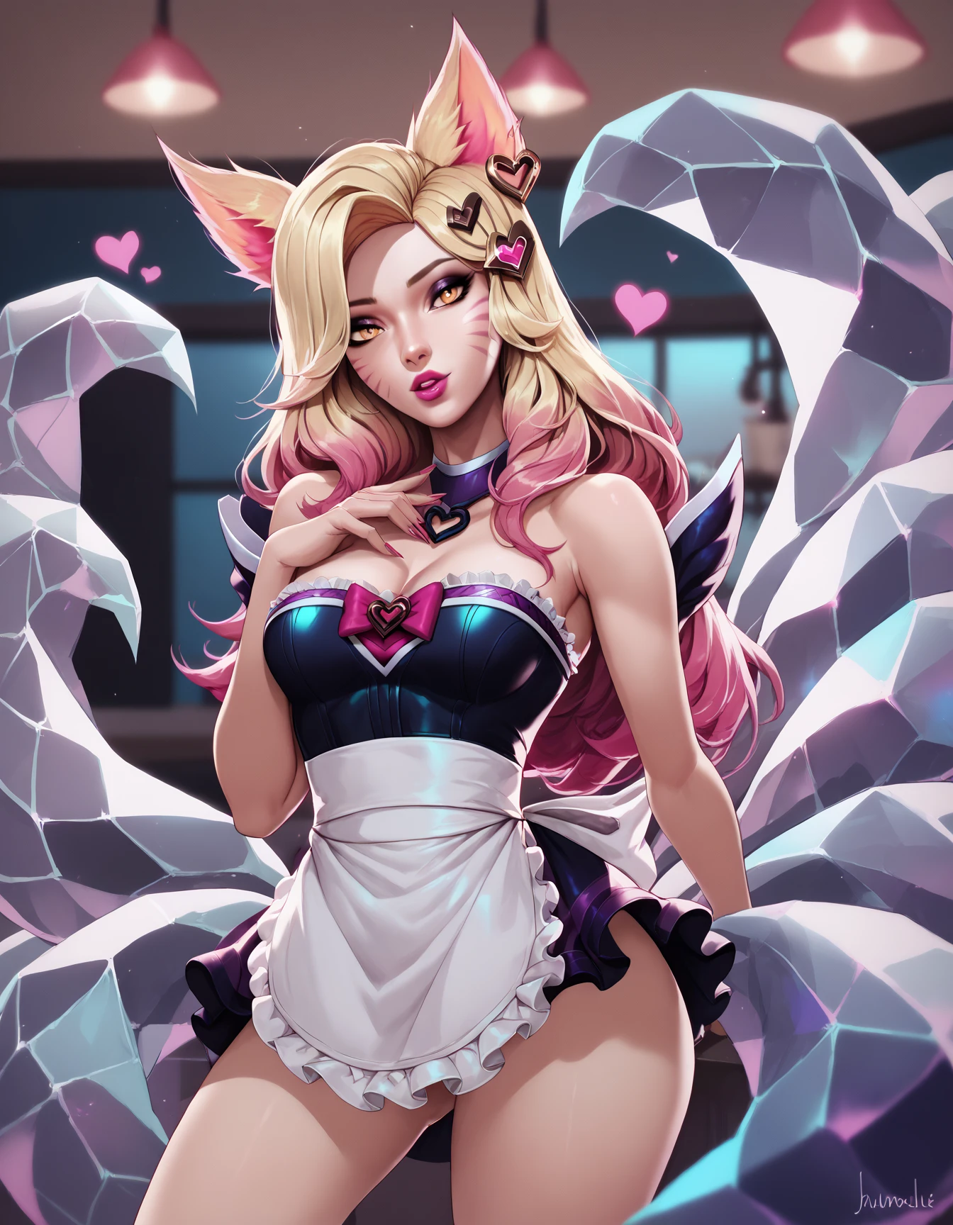 a gorgeous 10 year-old girl, straight blonde hair, ahri league of legends, seductive smirk, extremely detailed, 4k, perfect face