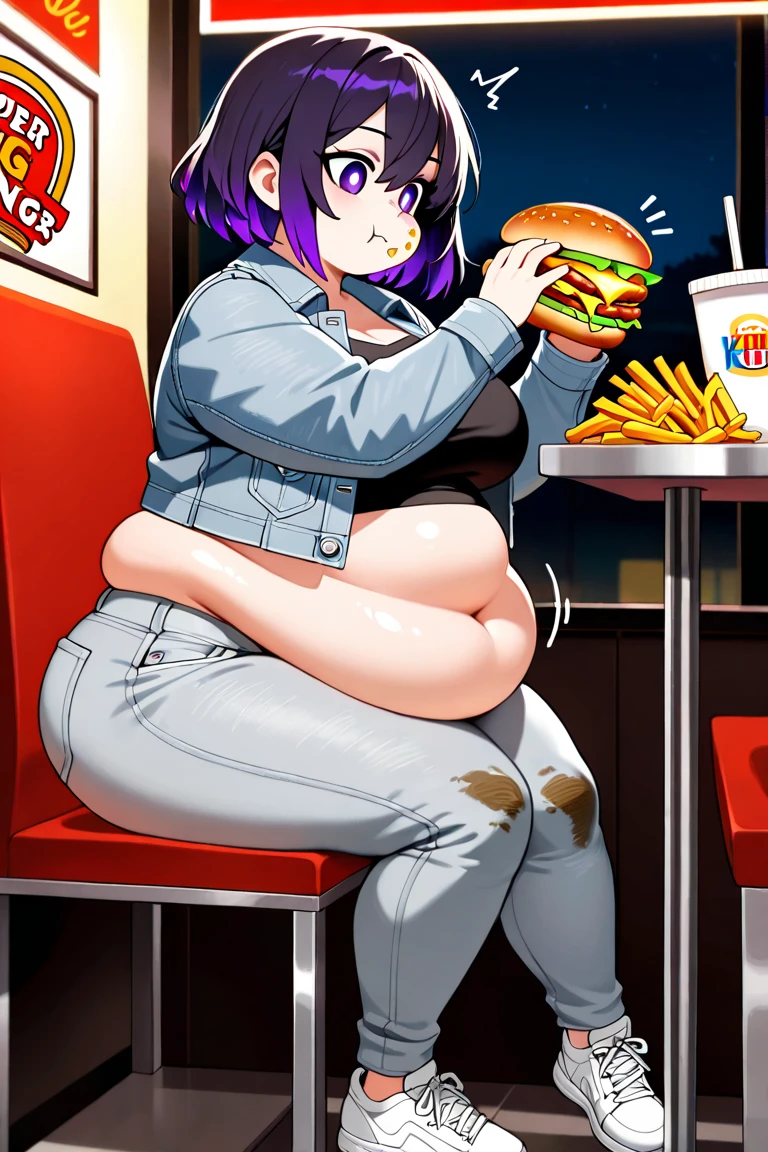 a woman in jeans and a white top posing for a picture, her belly button is exposed, belly button showing, wearing crop top, she has a jiggly fat round belly, girl fat, obese body, bigger belly, bigger ass, bigger breast, large thighs, wide hips, wearing a sexy cropped top,, violet myers, thicc, sie boob, wearing bra, sexy girl, laboratory, sittings, eating hamburgers, hamburguers, sexy, stockings, sittings, eating hamburgers, hamburguers, (Masterpiece:1.2), best quality, high resolution, beautifully detailed, extremely detailed, perfect lighting,