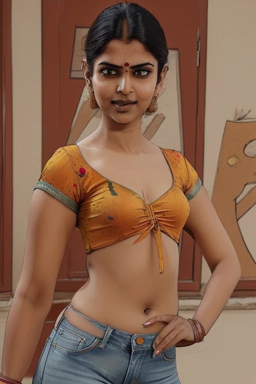"A beautiful South Indian woman walking on a busy street, wearing a traditional saree. The saree is elegantly draped, with intricate designs and bright colors. She has jasmine flowers in her hair and is adorned with traditional jewelry. The street is bustling with activity, showcasing the vibrant culture of South India, with shops, vendors, and colorful decorations. The woman exudes grace and confidence as she walks."

