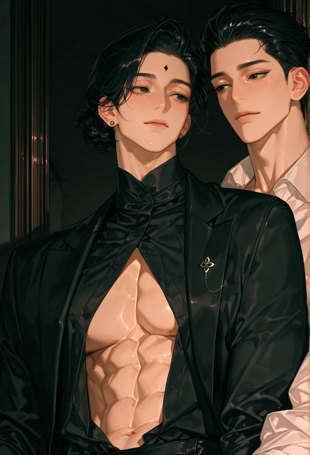 1boy, black eyeliner, male medium length mullet hairstyle, medium sharp hair texture, black hair, handsome, red eyes, black gloves, black clothes, room, red lipstick, femboy, blush, thin waist, black sweater, black pants, choker, beautiful face, closed eyes