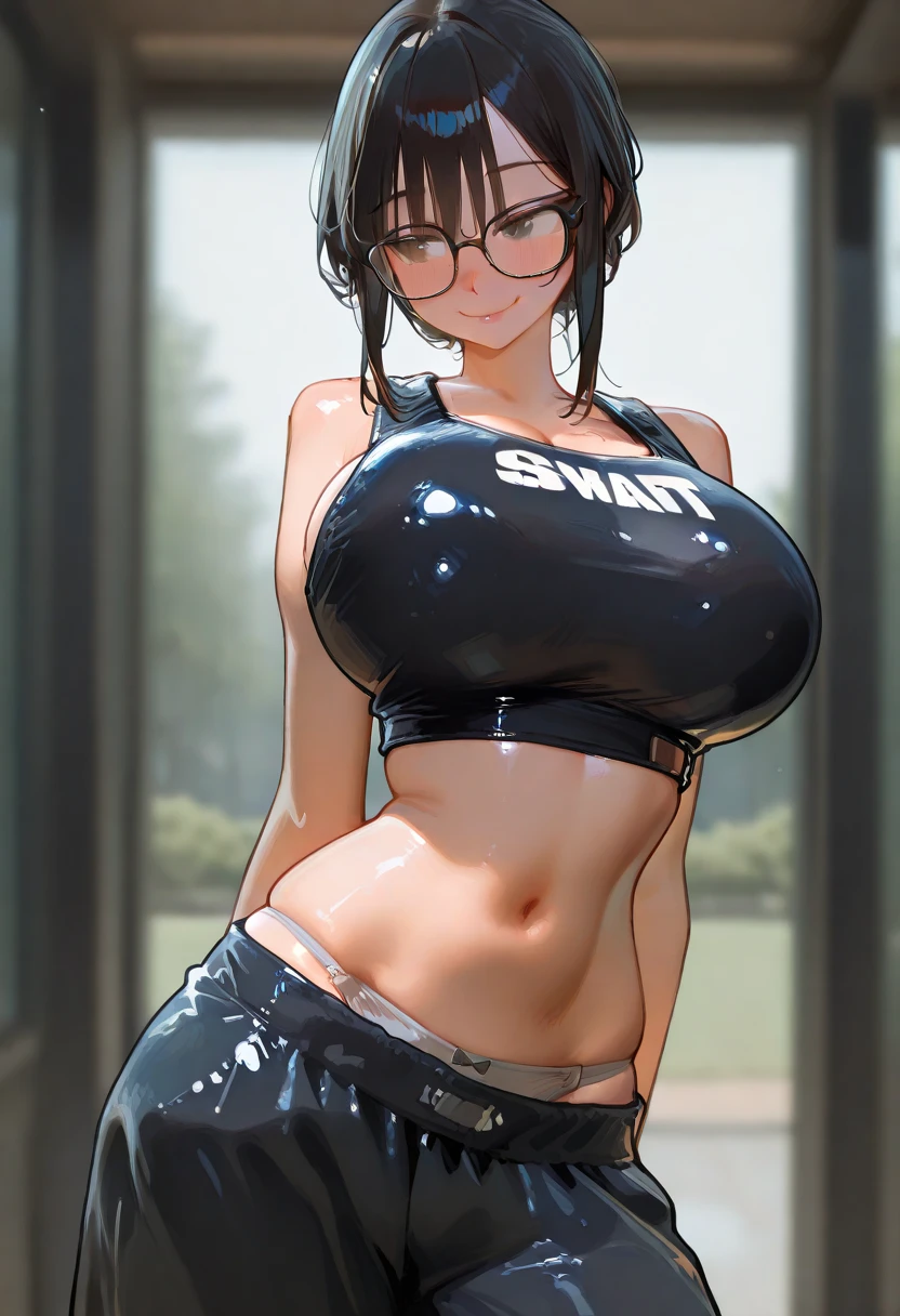 Gray blank background, Beautiful woman, (short hair, Brown Hair, middle part:1.3), (Huge breasts:1.3), (Extremely Thick Thighs:1.3), (Narrow waist:1.3), (Enhance the nipples:1.3), Brown eyes, (Grey latex sports bra, Grey latex shorts:1.5), Photographed from below as she stretches with her legs spread, View your viewers