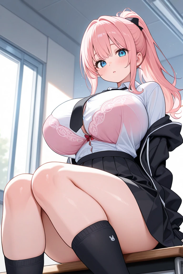 Pink Long Hair，Sexy nurse uniform，black pantyhoses，Sexy stockings，without wearing shoes