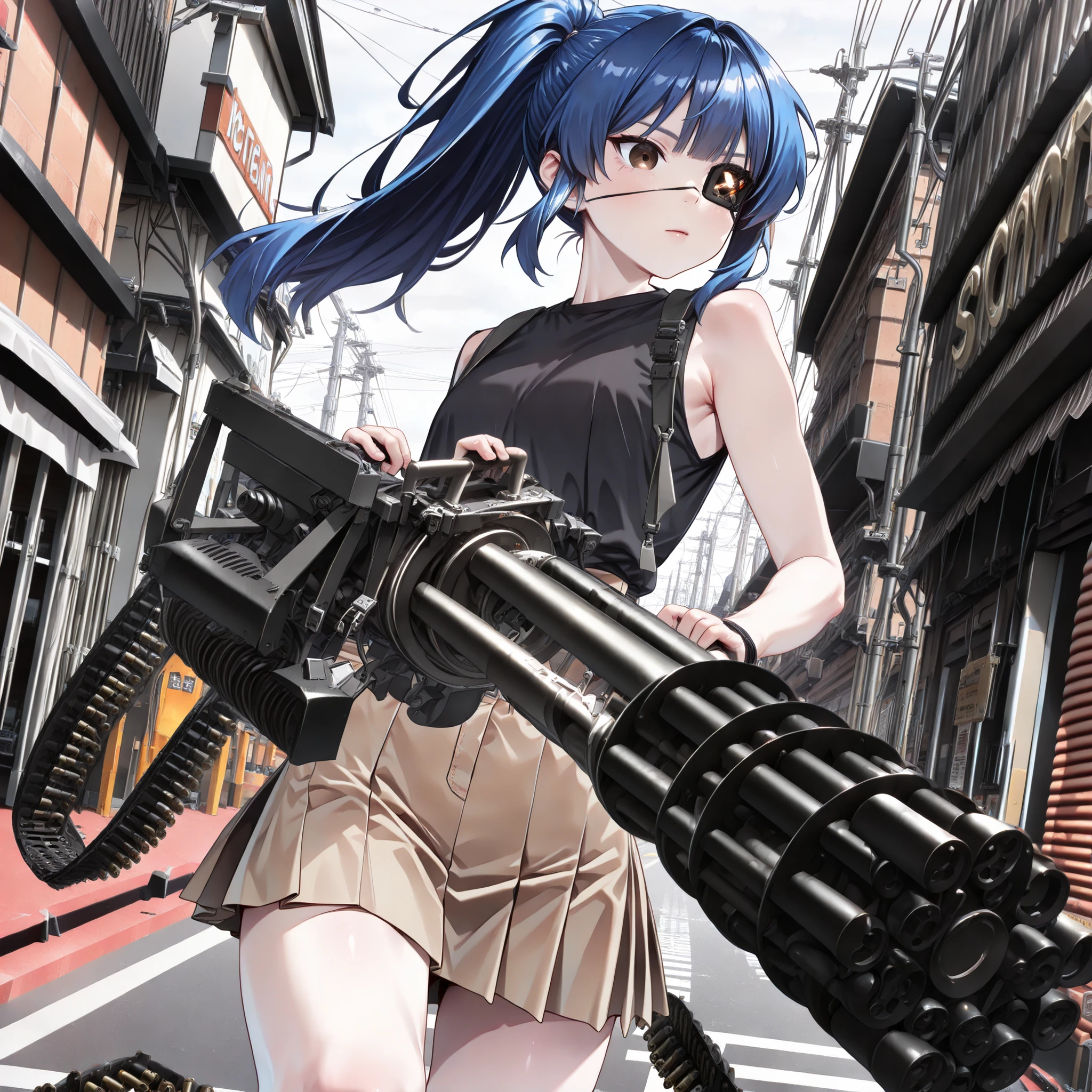 ((Highest quality)), ((masterpiece)), ((detailed)), (4K), 1girl, 独奏, indigo blue hair, black sports bra, bike shorts, squatting, (open legs), large breasts, underboob, angry, looking at viewer, (from below), face focus, town, wasteland, sweat