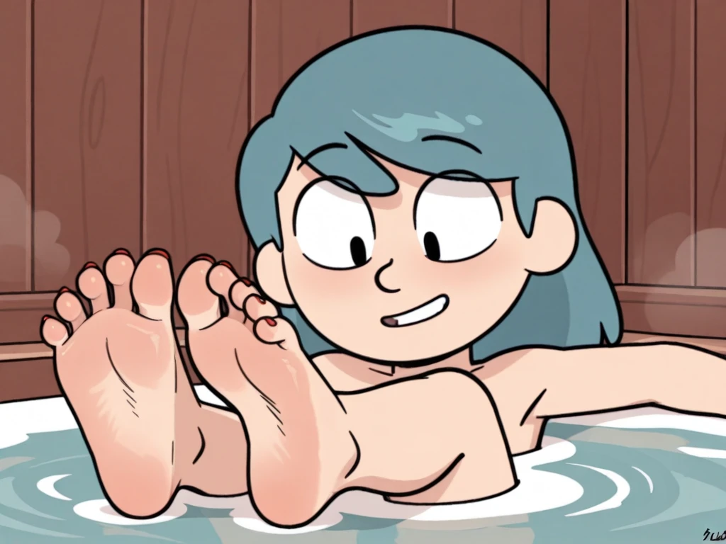 Ralph Bakshi Style, Chubby curvy blue eyed girl with long wavy black hair and small breasts, (smug), nudity, (extreme ), lewd, (pubic_stubble):5.0, (transparent shawl), (swollen vagina):2.0, hot tub, one knee up, romantic