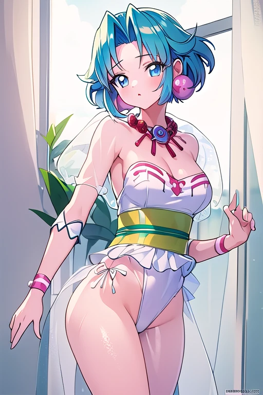retro artstyle、watercolor paiting、(​masterpiece、8K Wallpaper、top-quality)、(The best lighting、Best shadow Very delicate and beautiful)、ultra-detailliert、intricate detailes、colourfull、Rich colors、 upperbody shot、side lights、vanishing point、globalillumination、Near and far law、dynamicposes、dynamic ungle、 1 girl in、独奏、(Full lips:0.8)、cute little、Mature、Beautuful Women、 Emi,Best Quality,high-level image quality,A smile,red blush,Magical Emi、Studio Clown、1980s , 1girl in, Traditional Media,Swimsuit、Summer, Sea, Beach,Tropical islands、suns、Resort、sand beach、Palm trees,(Overflowing super big breasts),(very large pink areola),(Sleeveless tailcoat with sheer white color),((Purple pantyhose:1.0)),((black latex bikini pants:1.0))