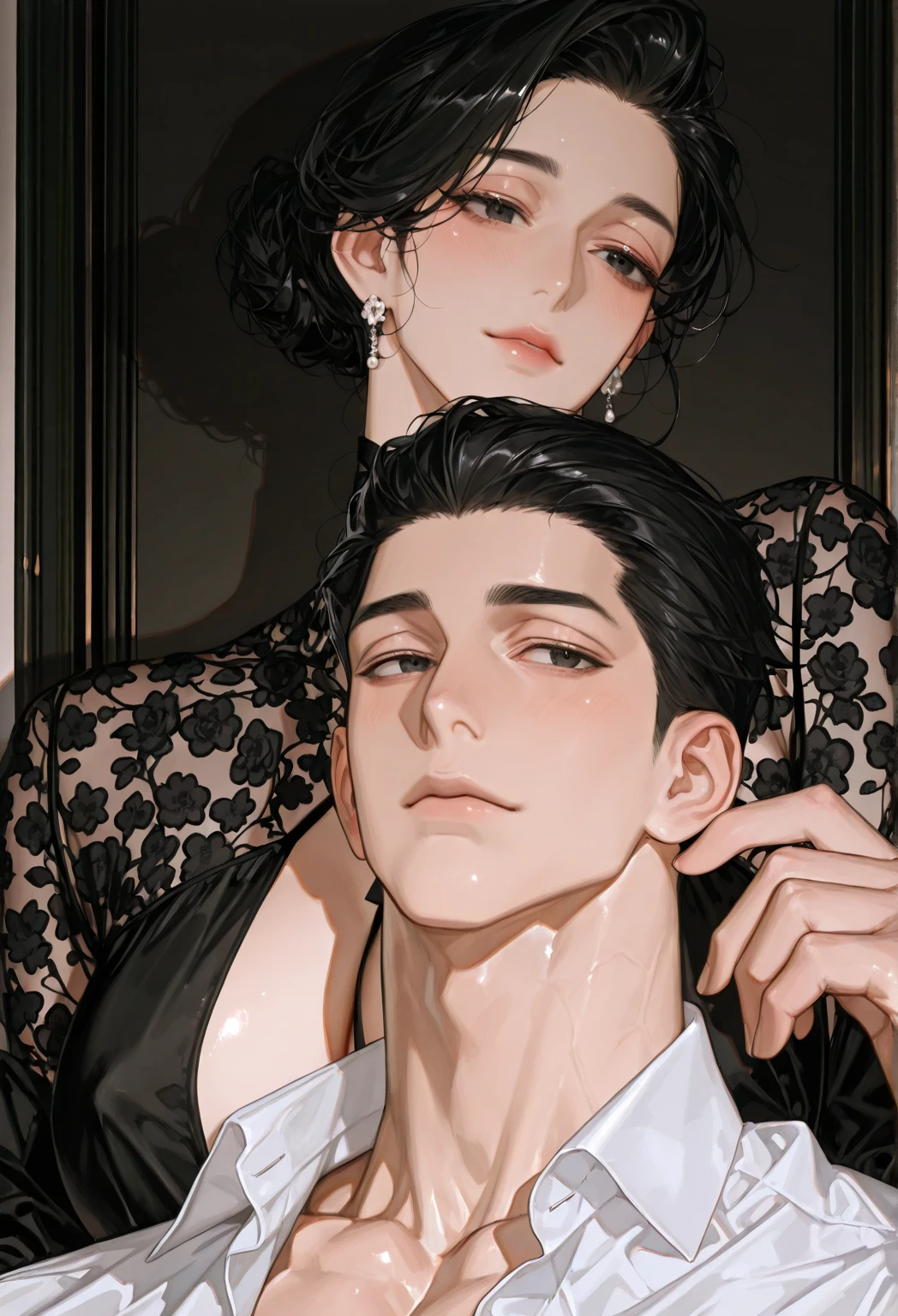 Picture a 43-year-old woman with black hair tied into a curled bun and green eyes wearing a long black dress, Next to her is a 46-year-old Korean man with his hair tied in a black bun wearing a black suit, next to him is an 87 year old Korean man wearing a brown shirt