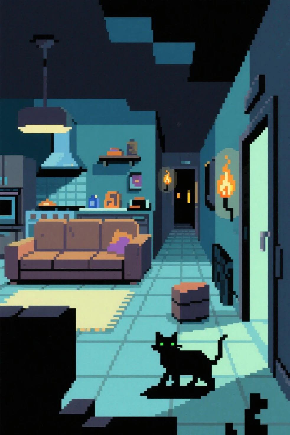 Imagine your home as a pixelated game level from the late '80s. The living room becomes a hub zone, the kitchen hides secret items, and the hallway turns into a low-light tunnel with flickering torches. Every object is simplified into bold, blocky shapes. The color palette is limited, the shadows harsh, and the movement feels grid-based and deliberate. Characters move with short animations—your cat might be an idle sprite that blinks or stretches. Doors don’t open, they blink and vanish. It’s not about realism, but about distilling space into something navigable, playable, and just a little mysterious.