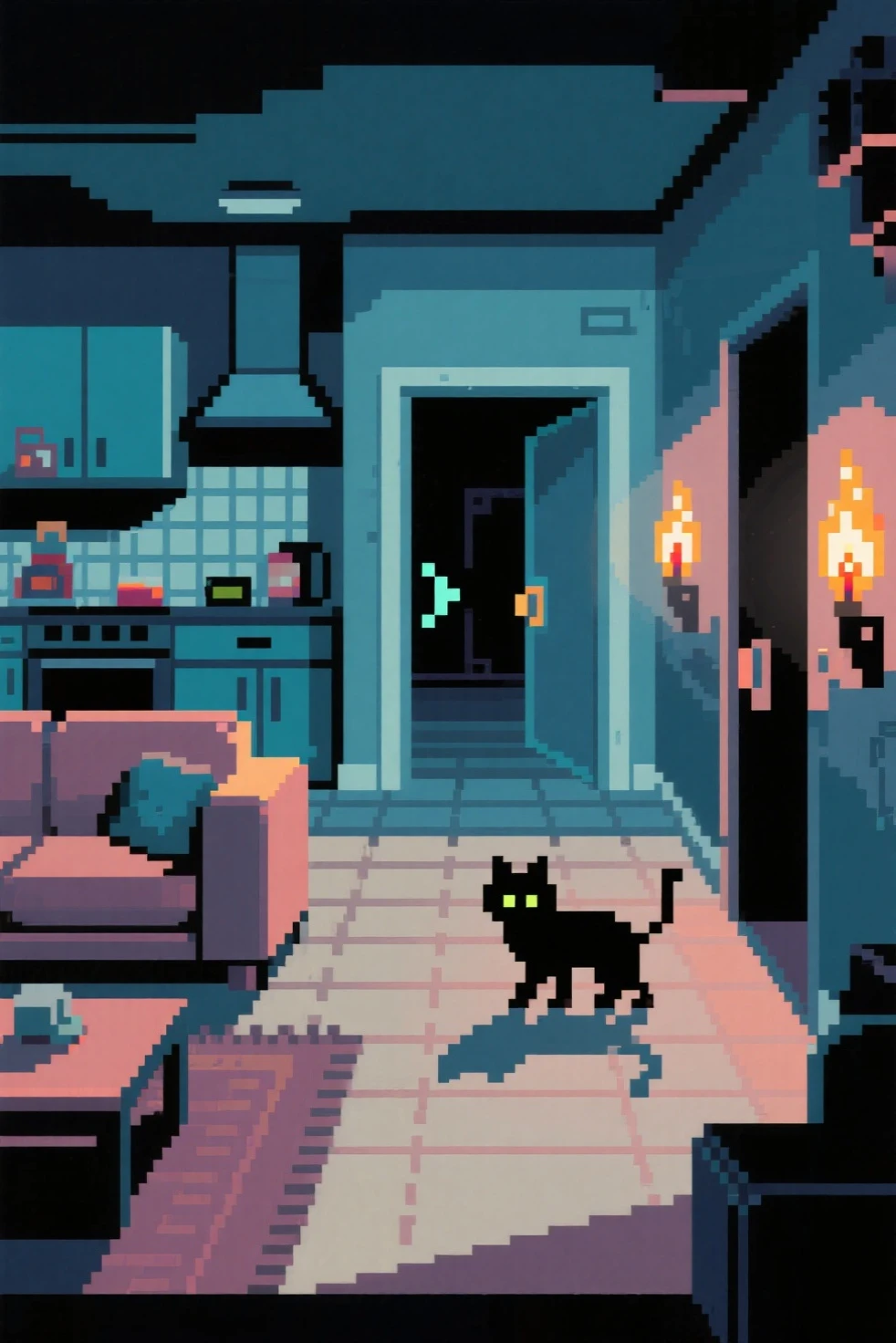 Imagine your home as a pixelated game level from the late '80s. The living room becomes a hub zone, the kitchen hides secret items, and the hallway turns into a low-light tunnel with flickering torches. Every object is simplified into bold, blocky shapes. The color palette is limited, the shadows harsh, and the movement feels grid-based and deliberate. Characters move with short animations—your cat might be an idle sprite that blinks or stretches. Doors don’t open, they blink and vanish. It’s not about realism, but about distilling space into something navigable, playable, and just a little mysterious.