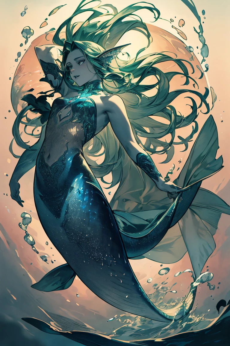 high details, best quality, 16k, [ultra detailed], masterpiece, best quality, (extremely detailed), full body, ultra wide shot, RAW, photorealistic, fantasy art, dnd art, rpg art, realistic art, an ultra wide picture of a mermaid resting on a rock on a blue coast(1.5 intricate details, Masterpiece, best quality) , female mermaid, blue skin, green hair, long hair, swirling hair, intense eyes, small pointed ears, ((blue eyes)), ((glowing eyes)), wearing sea shell clothing, beautiful mermaid, you can see the coast line behind her, the waves hitting the beach, palm trees, the sun is rising from behind her, dynamic fantasy blue beach background ((magical atmosphere)), high details, best quality, highres, ultra wide angle