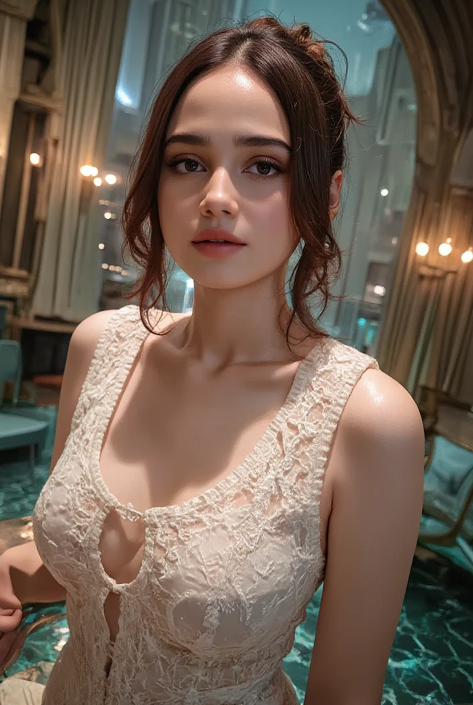 (A masterpiece of image quality in 8K),(Beautiful Allafed Woman),(((emphasizing breasts:1.3))),(Dynamic angles),(Dynamic and sexy bending pose:1.3),(sit a chair:1.3),(Short hair in shiny silver and orange inner colors,large full breasts,Disturbance of clothing due to movement,breast slip,(Ponytail twisted buns adorned with elaborate braids and beads,Braided Setup Fishbone Hair,),(see-through bangs),Huge breasts、(((A white lace apron that shows your bare skin from under your big breasts.......)))、Blush with embarrassment、Enraptured eyes、A smile that beguiles the viewer、(Look back:1.7)、Look into the photographer,skin glistening with sweat,gazing at viewer,,(Professional Lighting),(8K,masutepiece,top-quality,Ultra-high resolution output image,),(Ultra HD with complex detail image modes),depth of fields,Beautiful hands,Beautiful fingers,Detailed finger features,(Detailed hair features:1.7),detailed facial features,detailed clothes features,